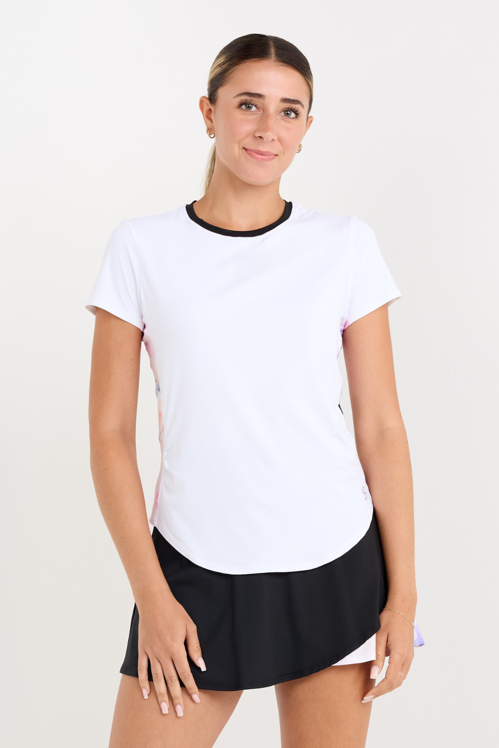 Women's Side Shirred Short Sleeve Tennis Top by Sofibella, close up front view on model