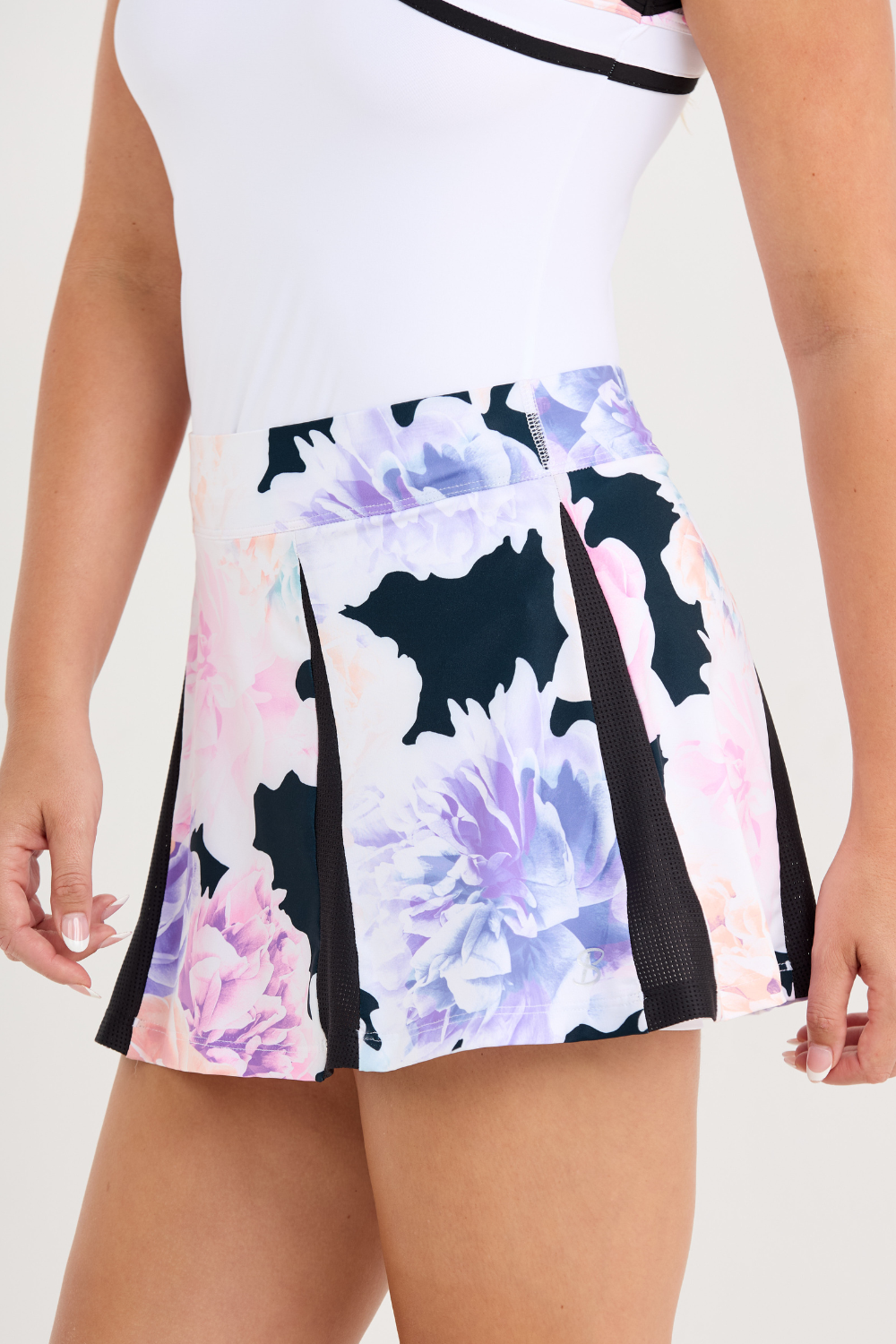 Luxury Florals Godet Women's 13" Tennis Skort by Sofibella, side view on model