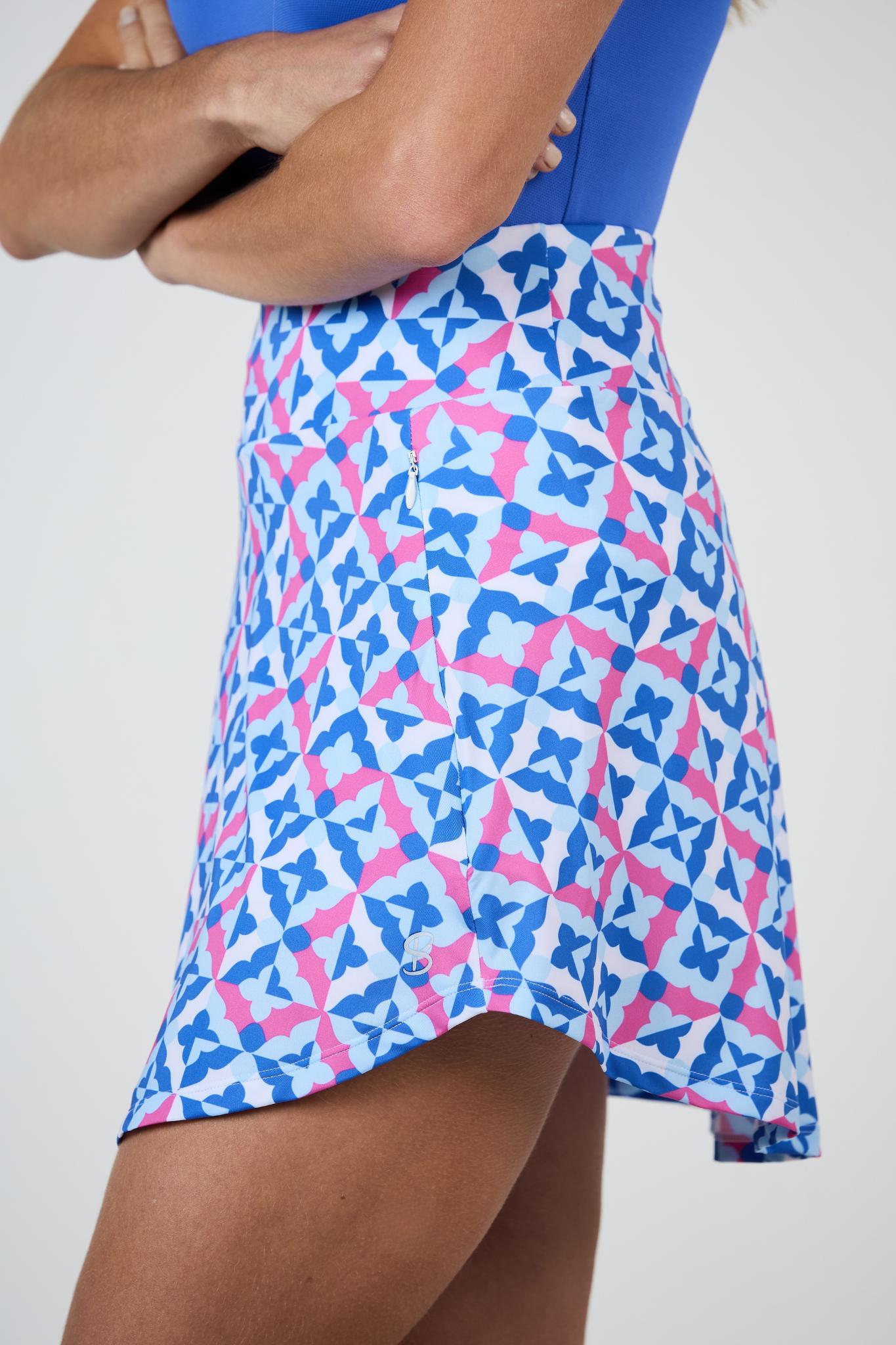 17" Eunonimo Print Golf Skort by Sofiibella, side view on model