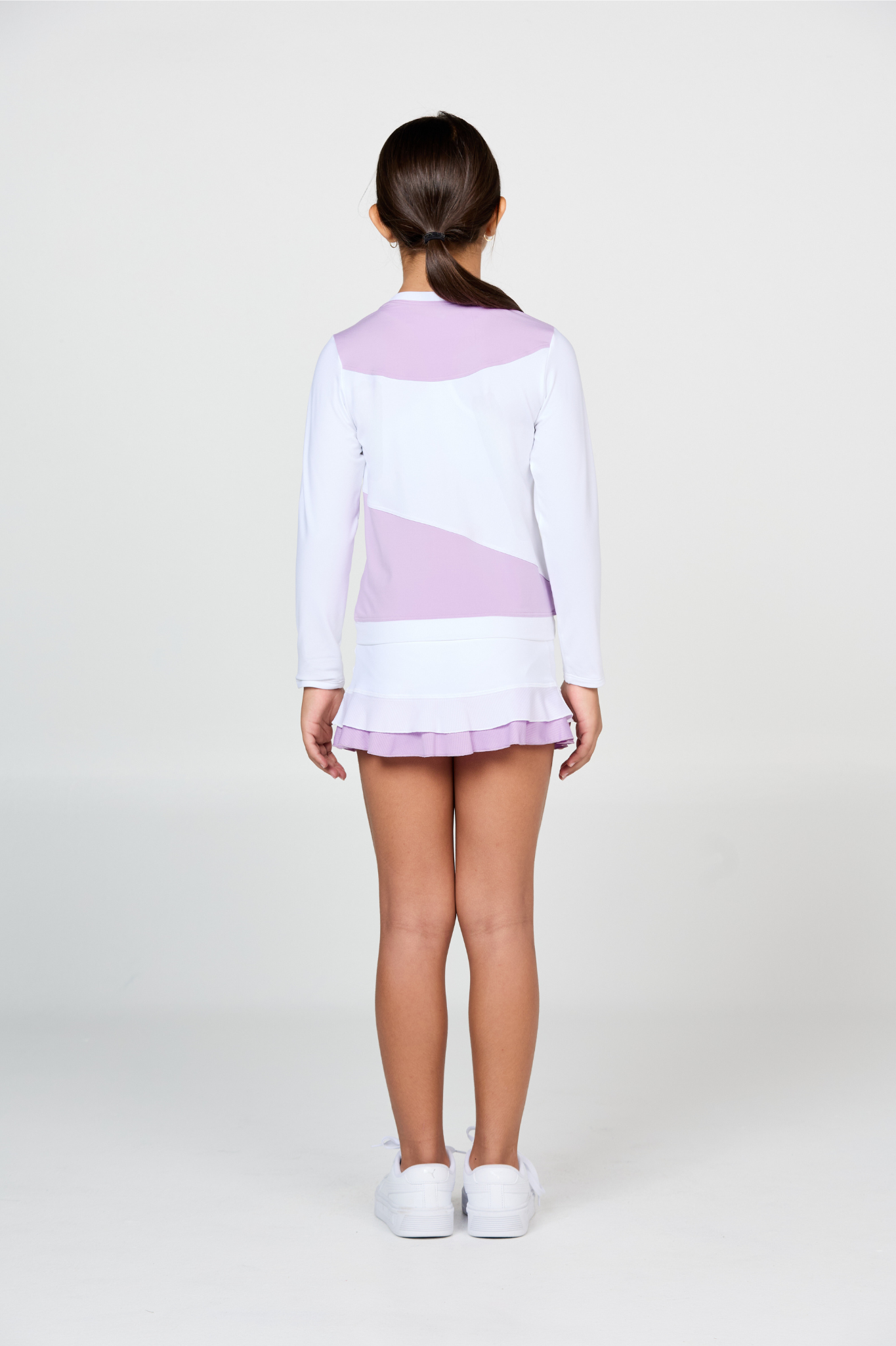 Girls' Fun Stripes Tennis Pullover in lavender and white, back view