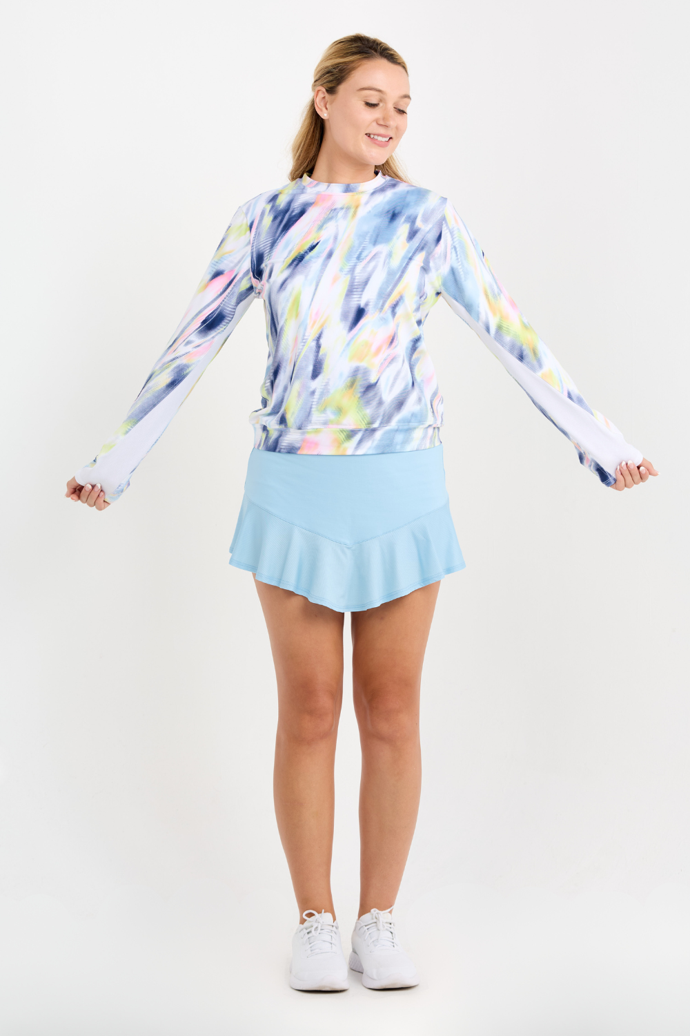 Aurora Sky Print Women's Tennis Pullover by Sofibella, front view on model