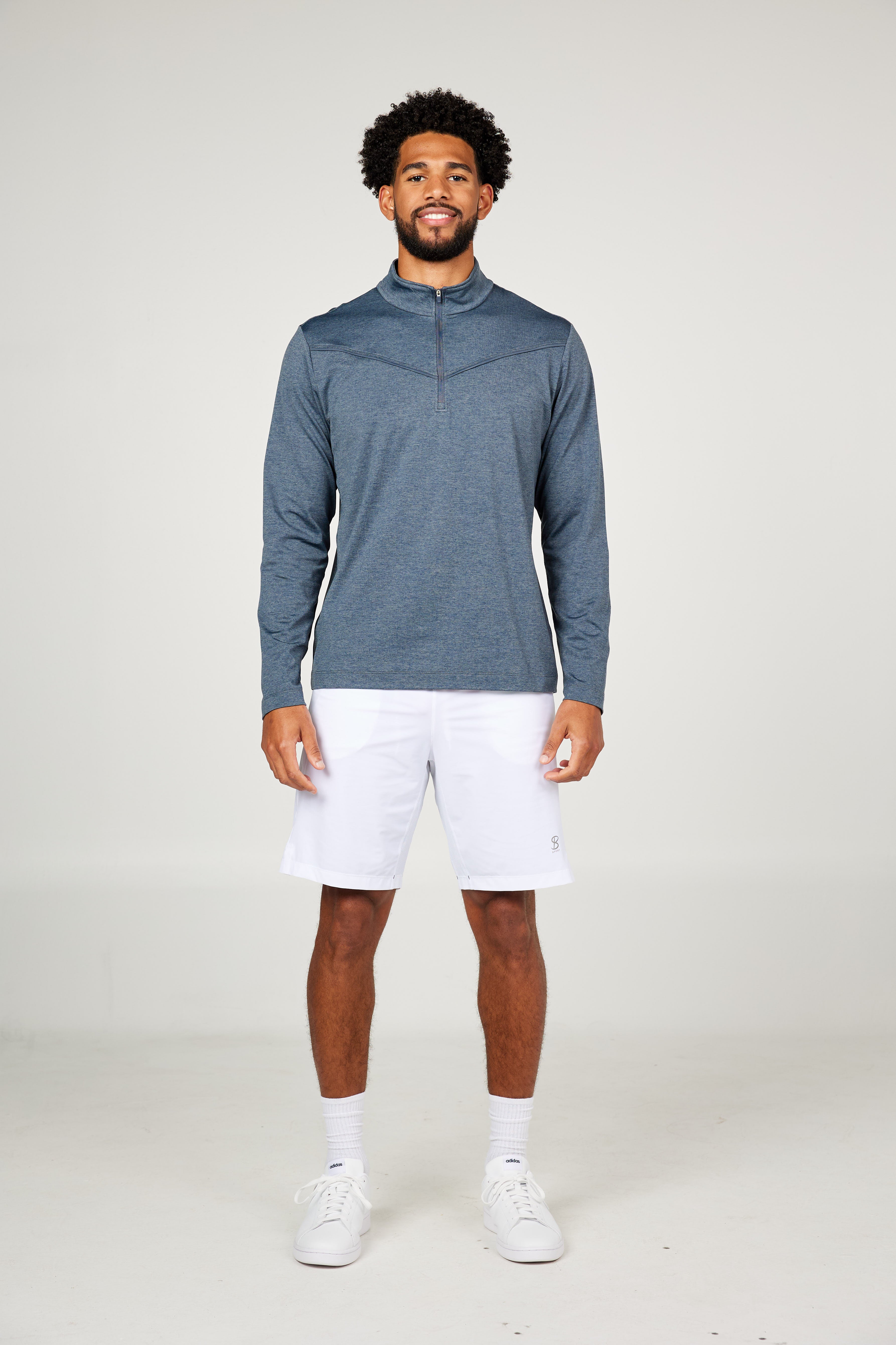 Men's Quarter Zip Charcoal Melange Tennis Long Sleeves Top by Sofibella, front view on model