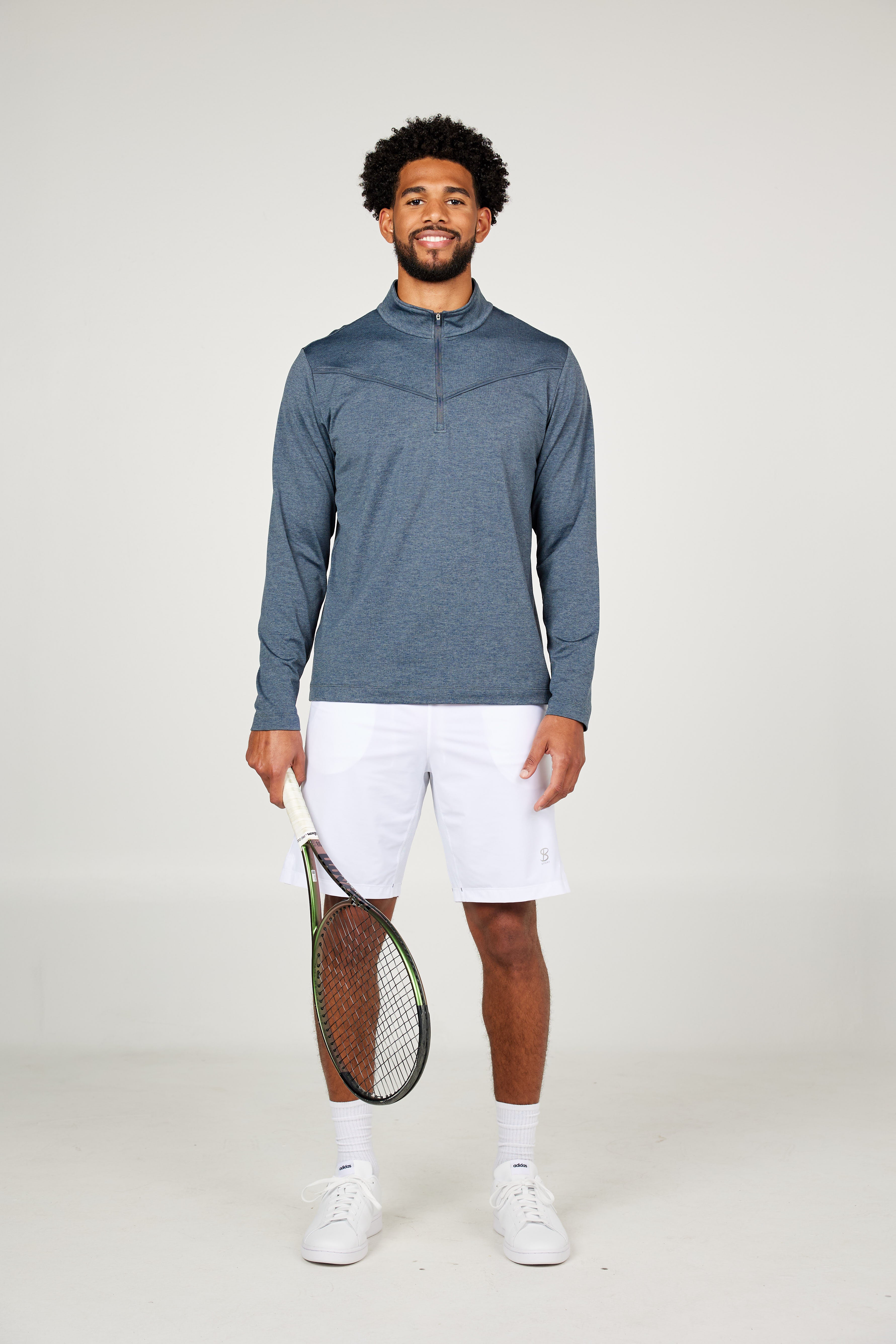Men's Quarter Zip Charcoal Melange Tennis Long Sleeves Top by Sofibella, front view on model