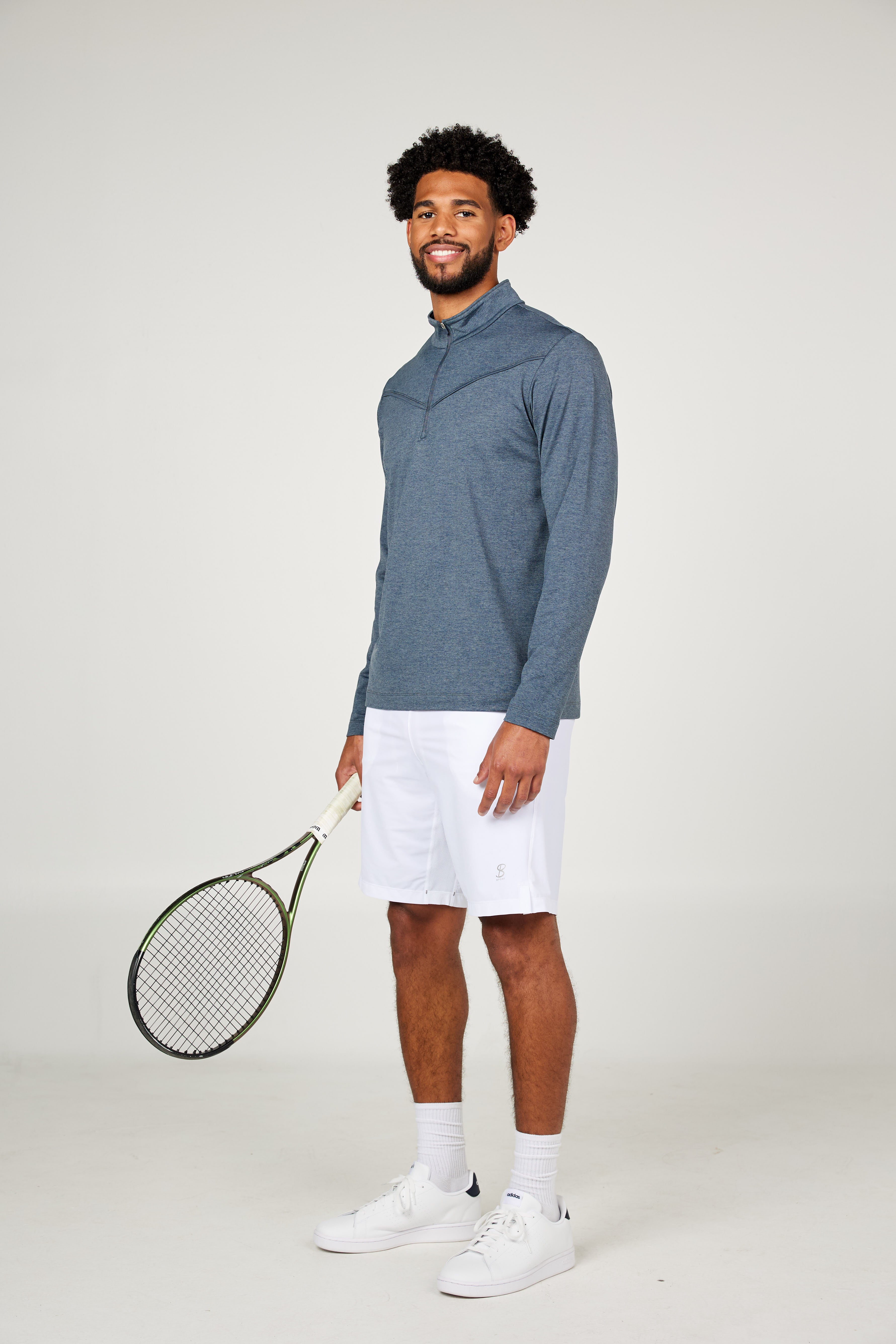 Men's Quarter Zip Charcoal Melange Tennis Long Sleeves Top by Sofibella, front view on model