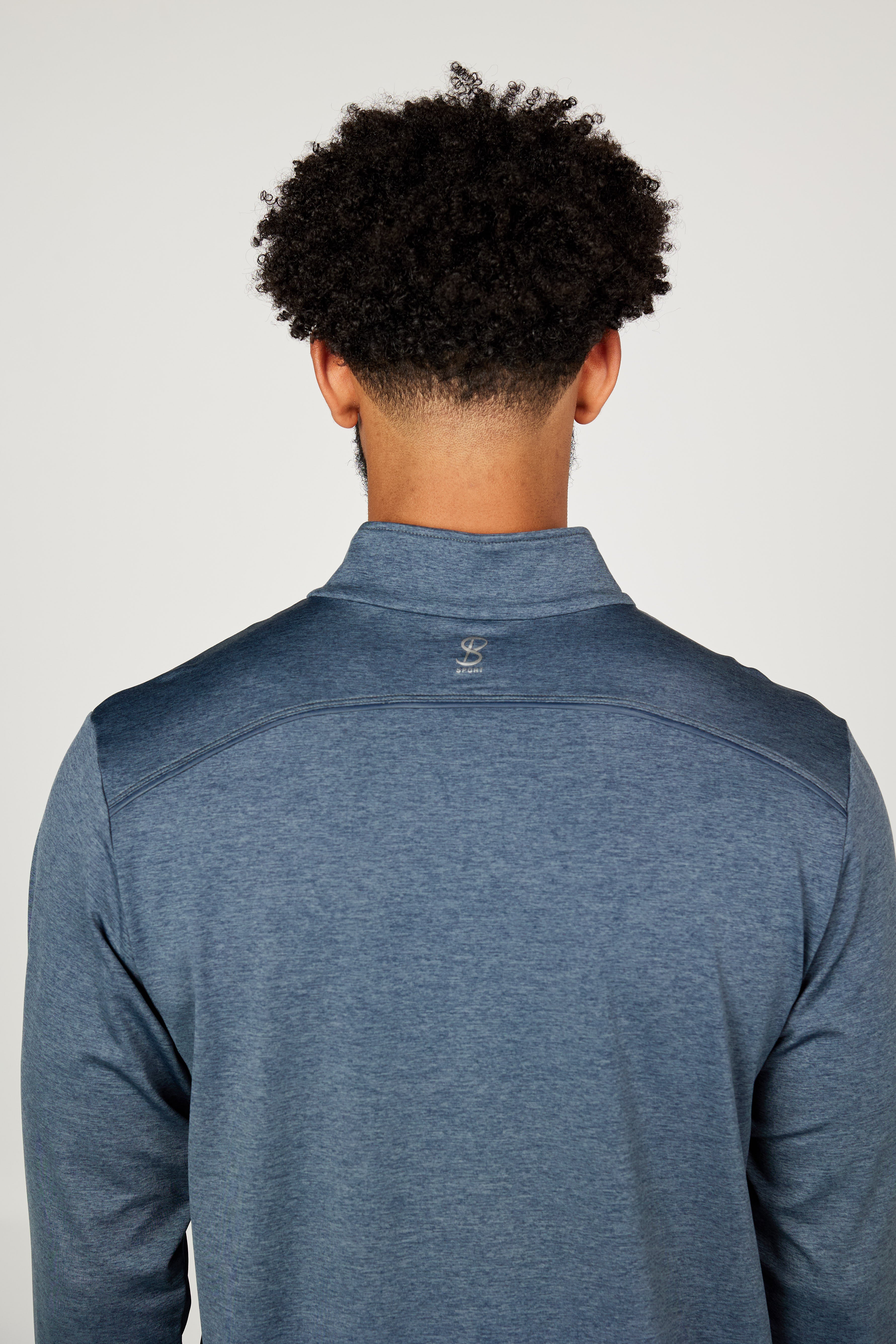 Men's Quarter Zip Charcoal Melange Tennis Long Sleeves Top by Sofibella, detail back view on model
