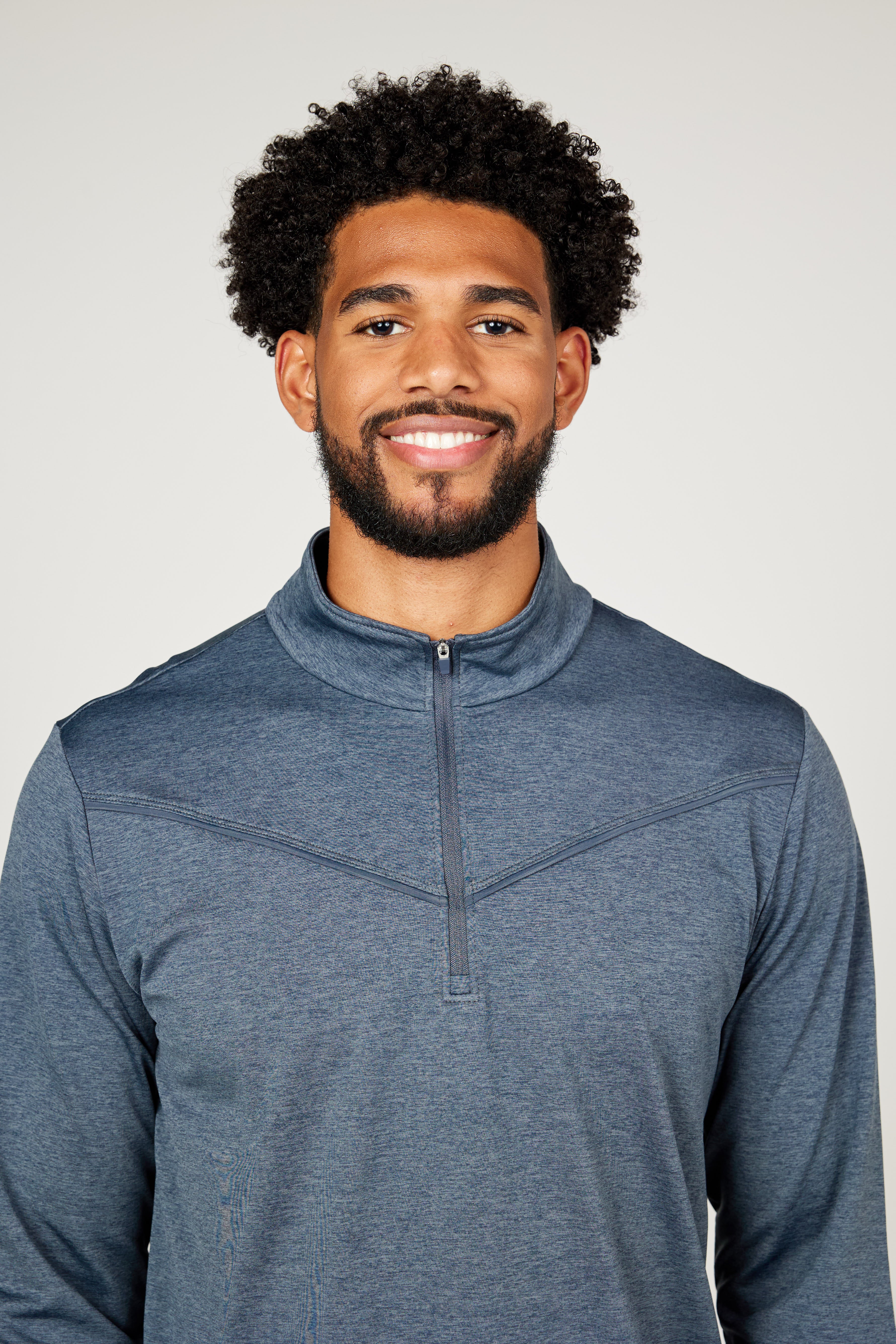 Men's Quarter Zip Charcoal Melange Tennis Long Sleeves Top by Sofibella, front view on model