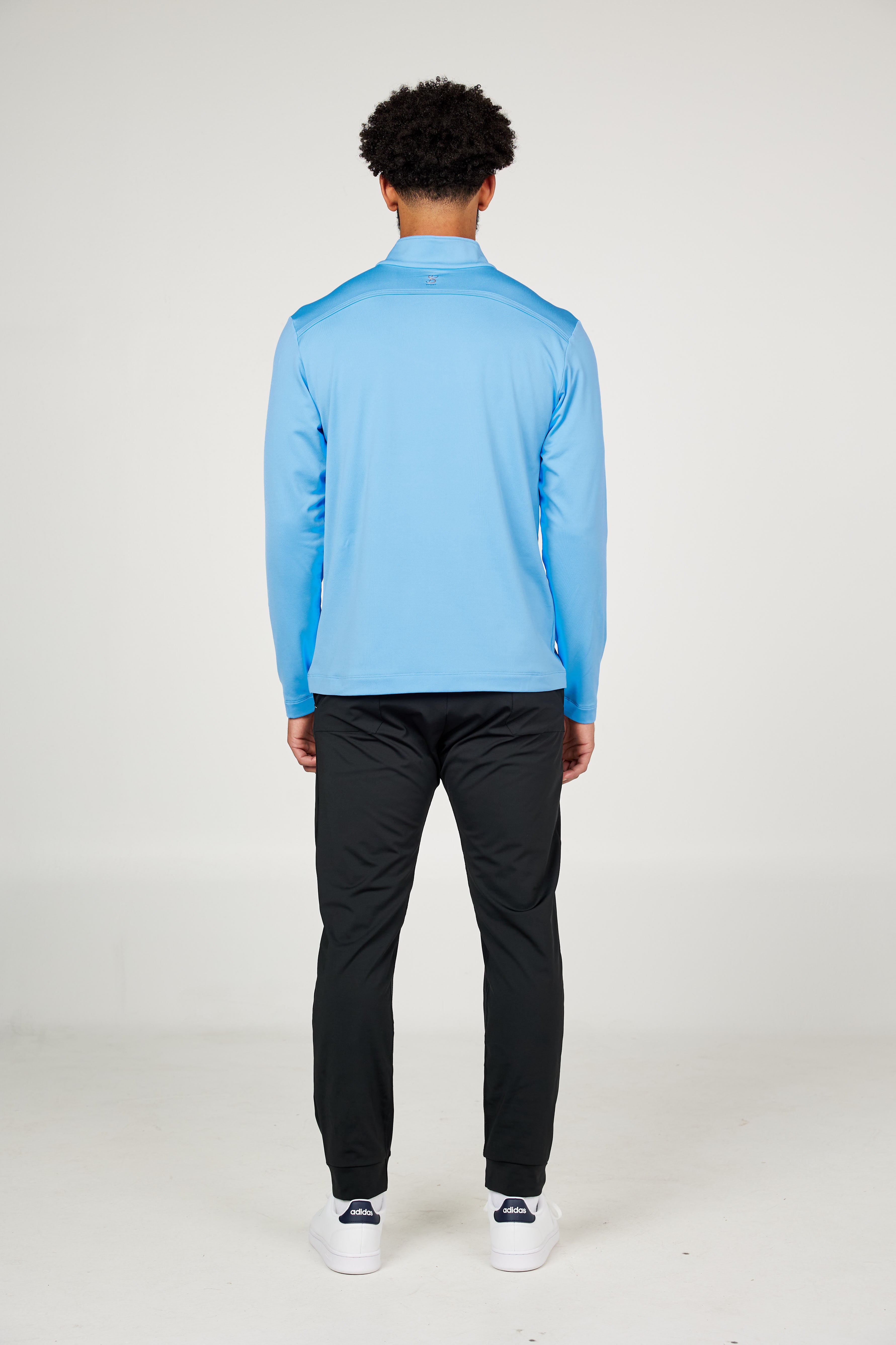 Men's Quarter Zip Neo Blue Tennis Long Sleeves Top by Sofibella, back view on model