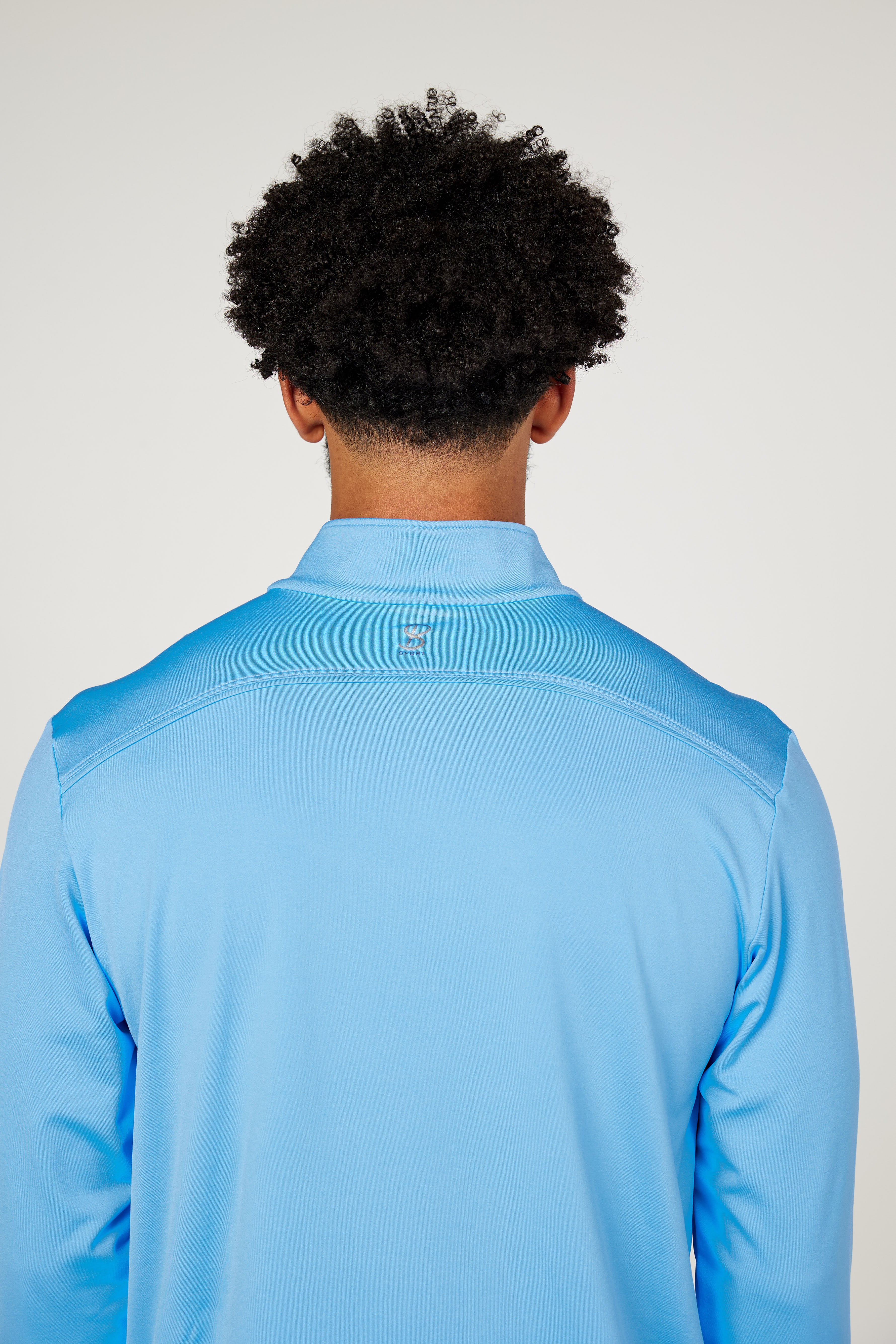 Men's Quarter Zip Neo Blue Tennis Long Sleeves Top by Sofibella, detail back view on model