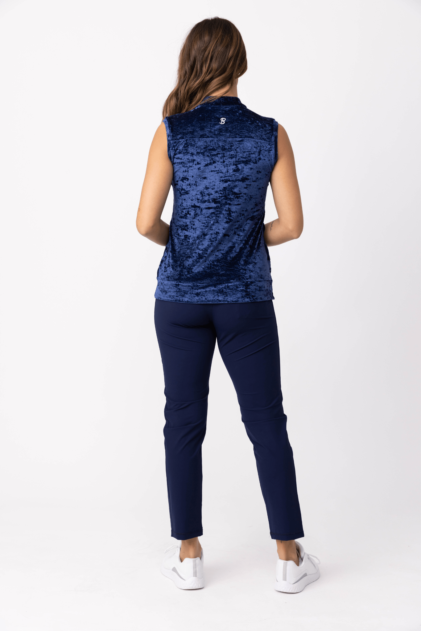 Women's Navy Crushed Velvet Sport Zipper Vest by  Sofibella, back view