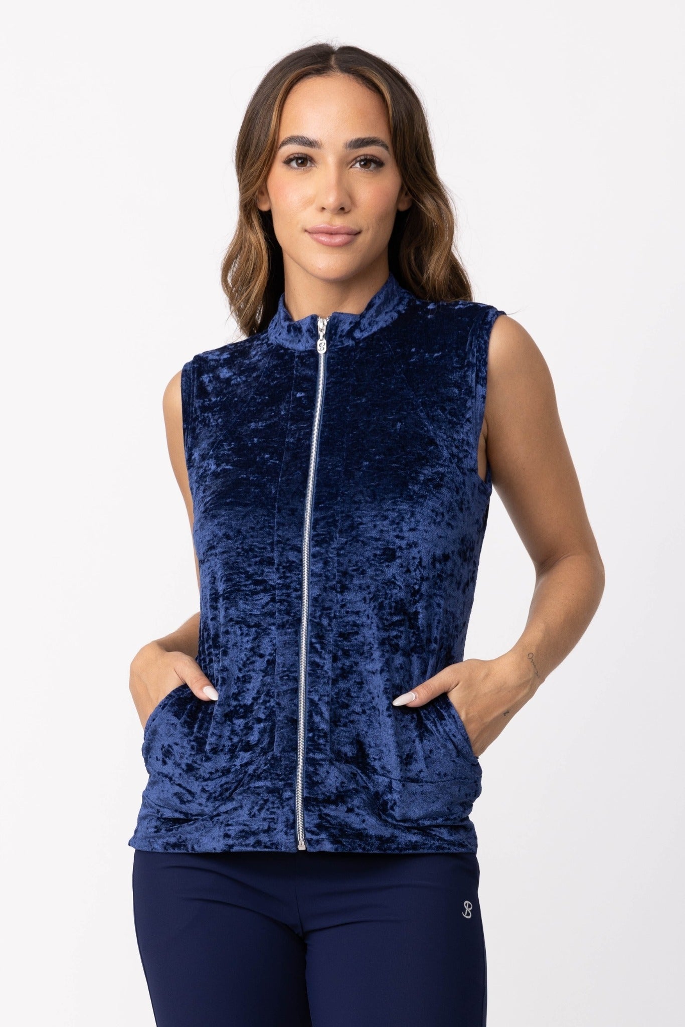 Crushed Velvet Navy Sport Zipper Vest by  Sofibella, front view