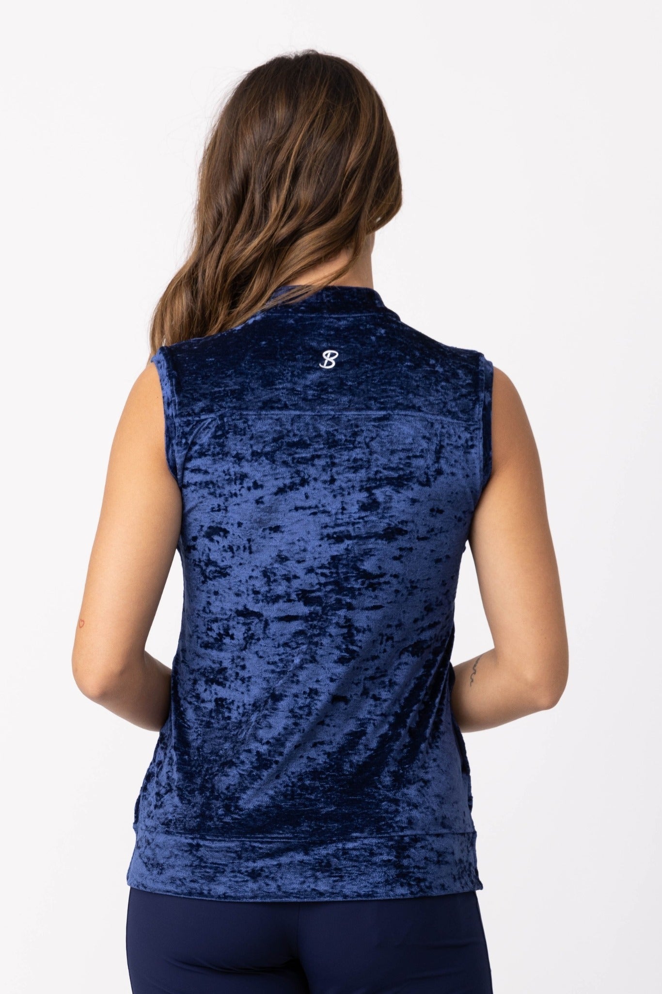 Women's Navy Crushed Velvet Sport Zipper Vest by  Sofibella, back view