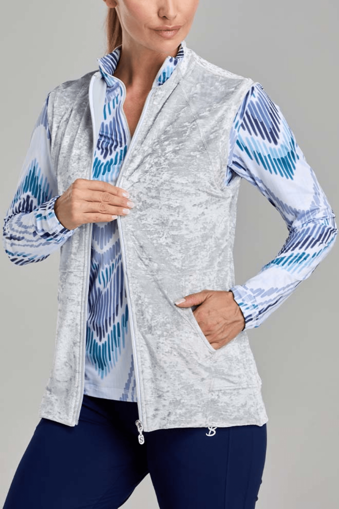 Women's Silver Crushed Velvet Sport Zipper Vest by Sofibella, front view