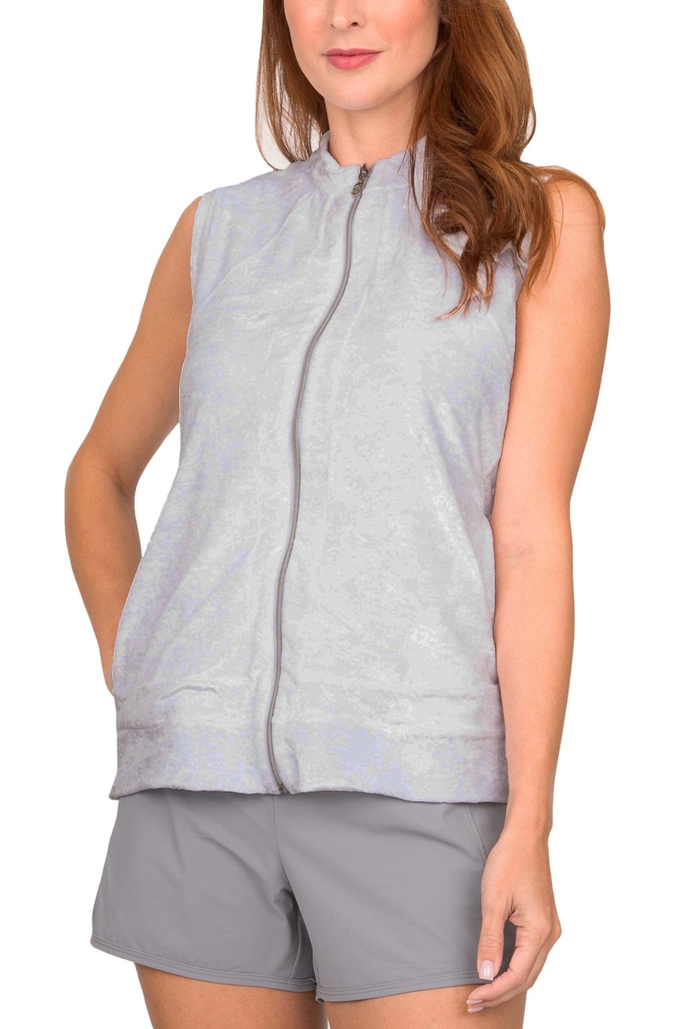 Women's Silver Crushed Velvet Sport Zipper Vest by  Sofibella, front view