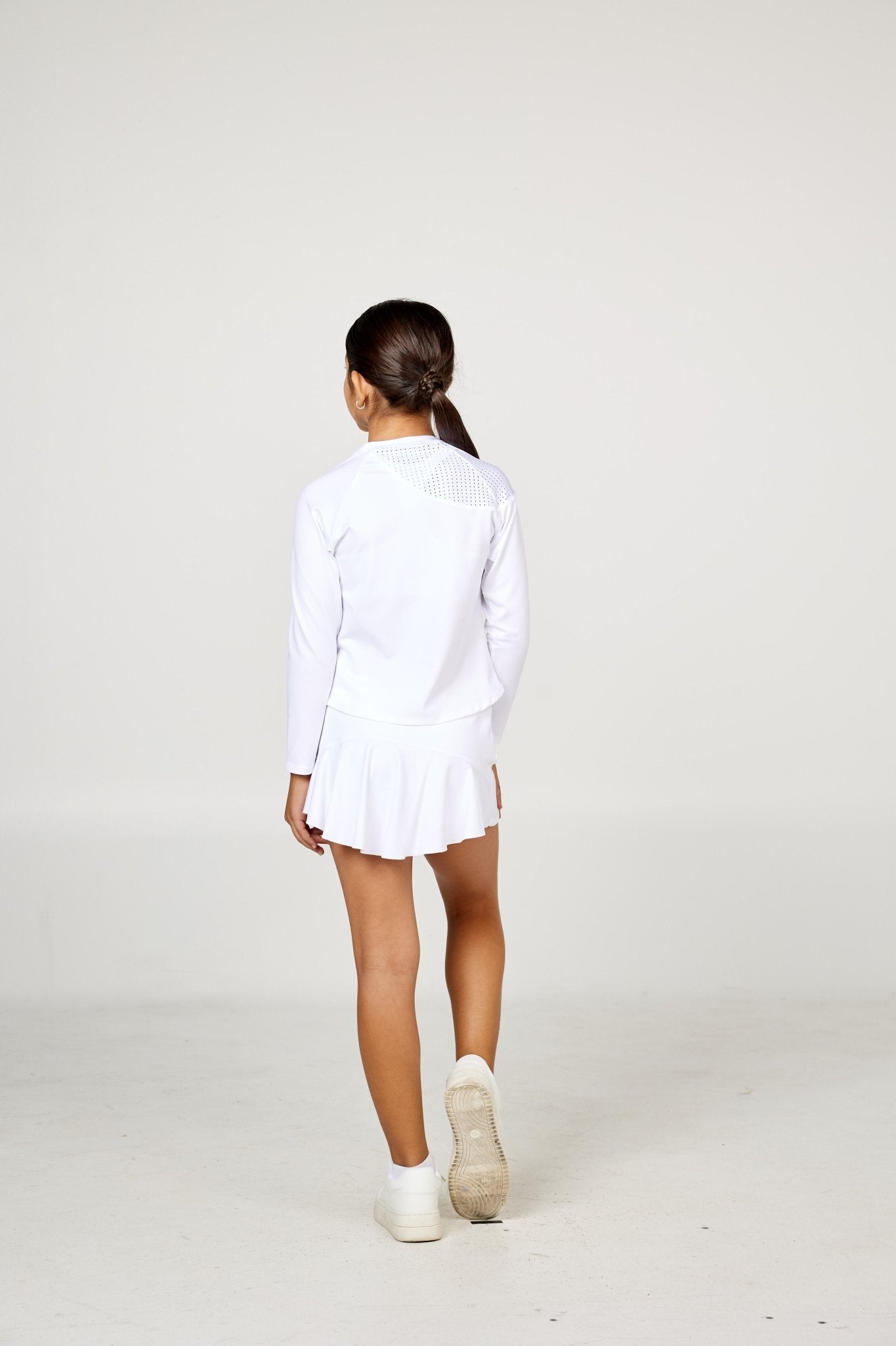 Girl's White Tennis Long Sleeve Top - On the Dot- by Sofibella, view of back