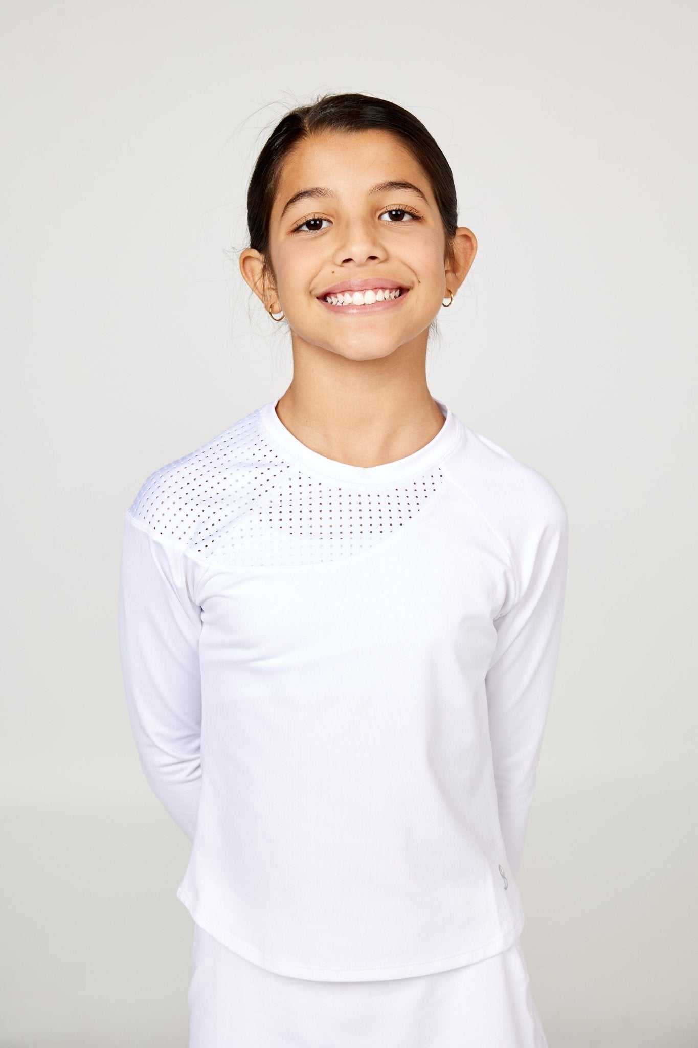 Girl's White Tennis Long Sleeve Top - On the Dot- by Sofibella, details of front