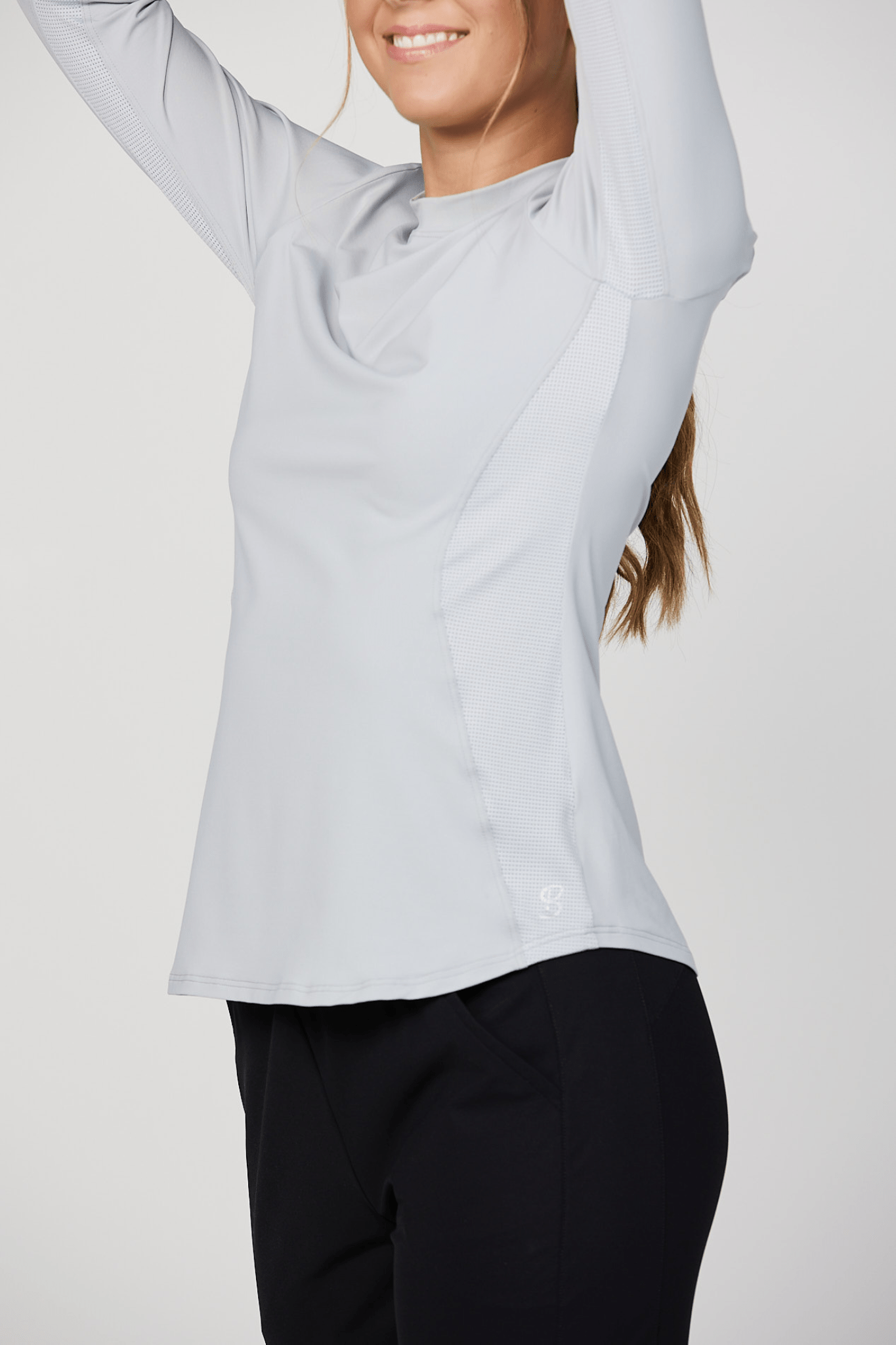 Sun Protection Grey Long Sleeve Tennis Top by Sofibella, close up