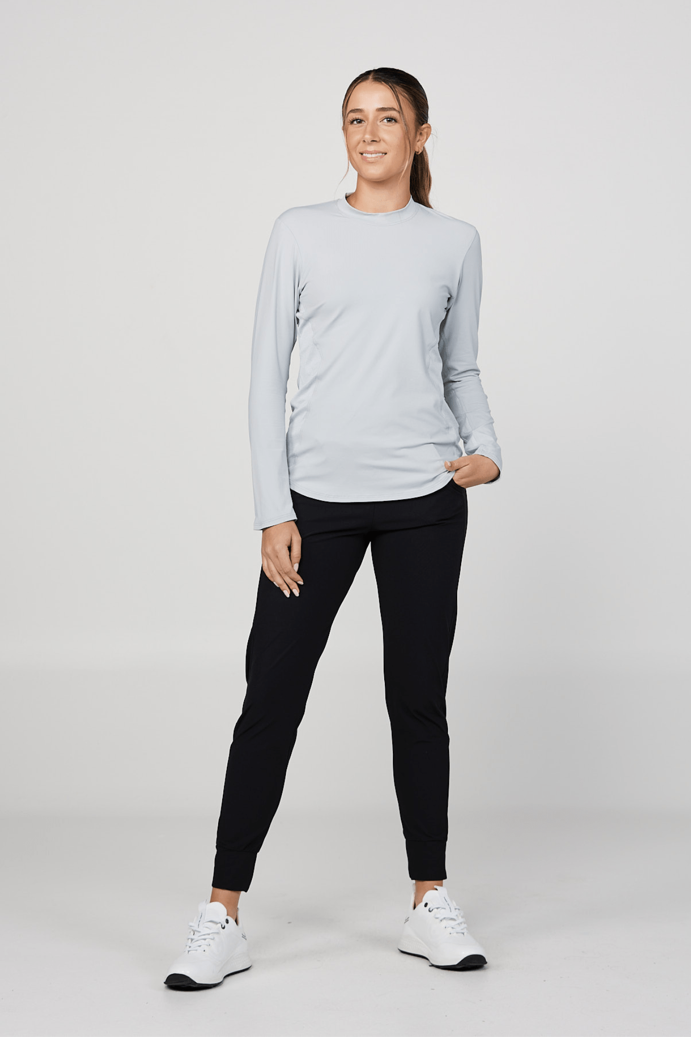 Sun Protection Grey Long Sleeve Tennis Top by Sofibella, front view