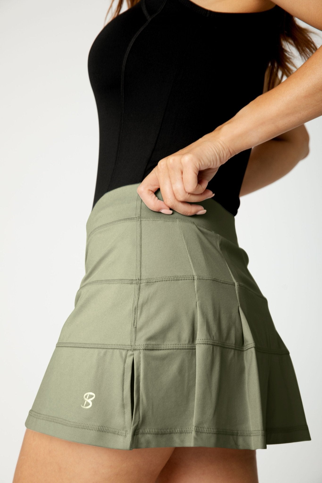 Army Green 13" Panel Tennis Skort with Back Pleats by Sofibella, side view
