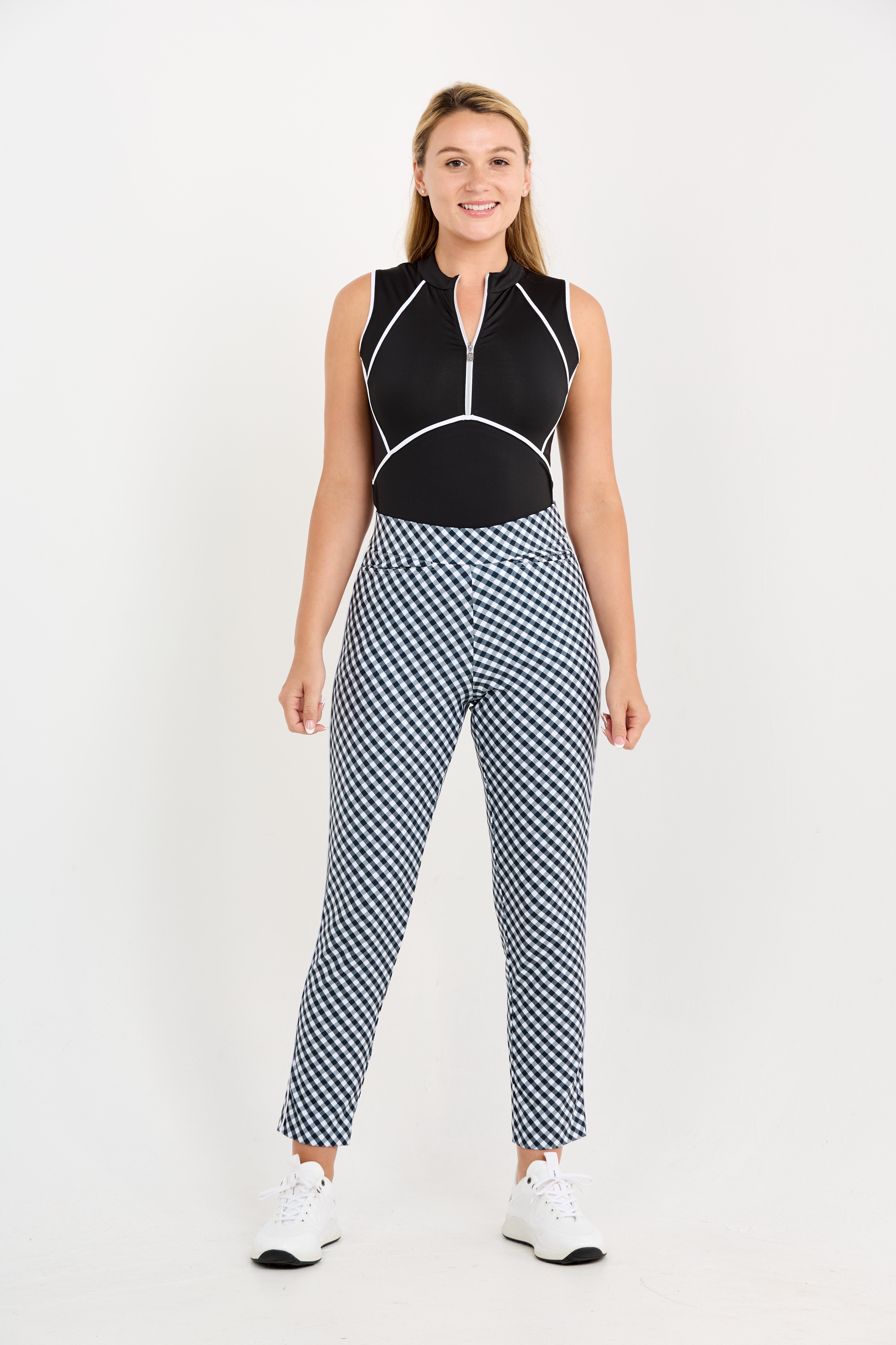 High waisted gingham women's golf ankle pant, front view