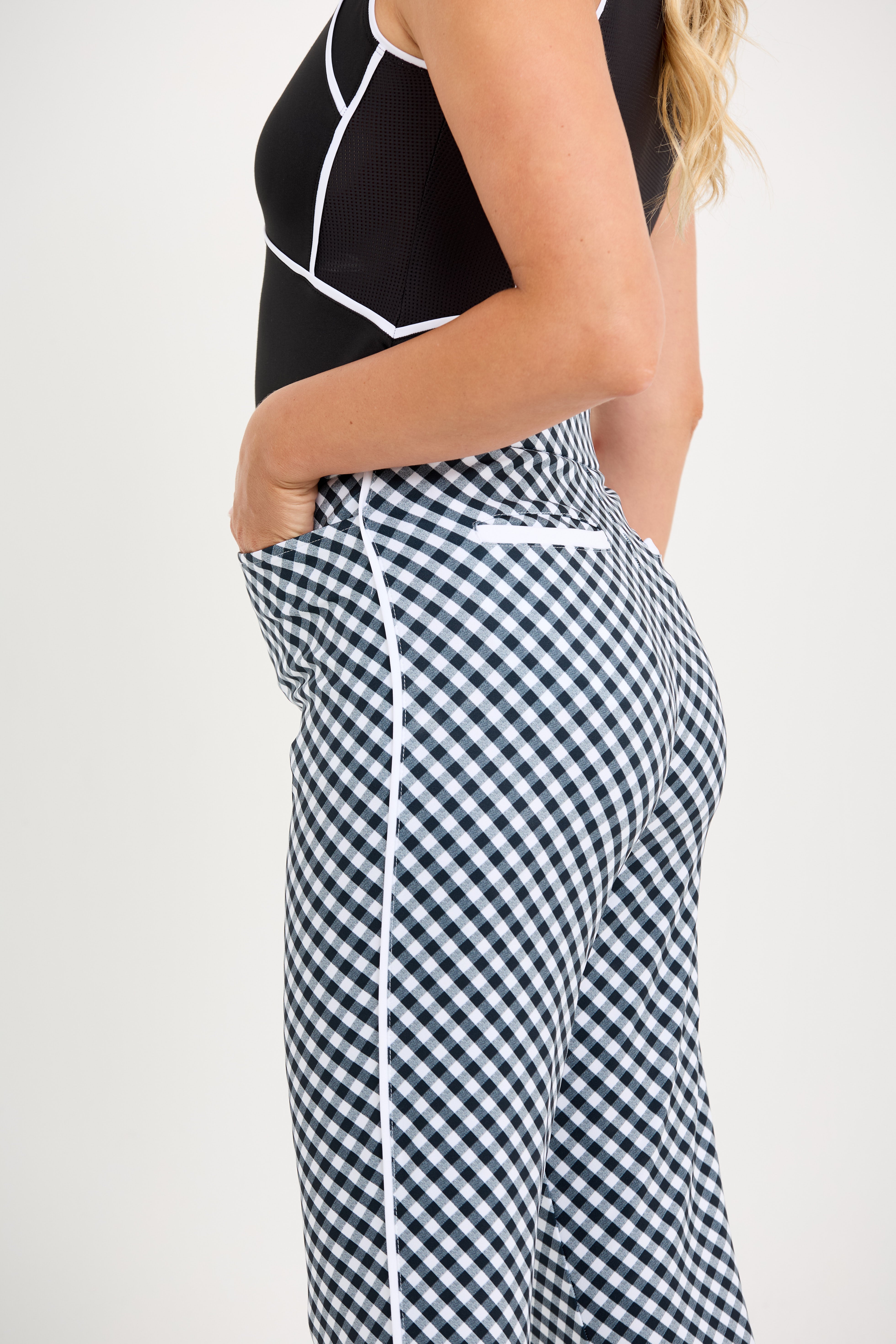 High waisted gingham women's golf ankle pant with pockets, side view