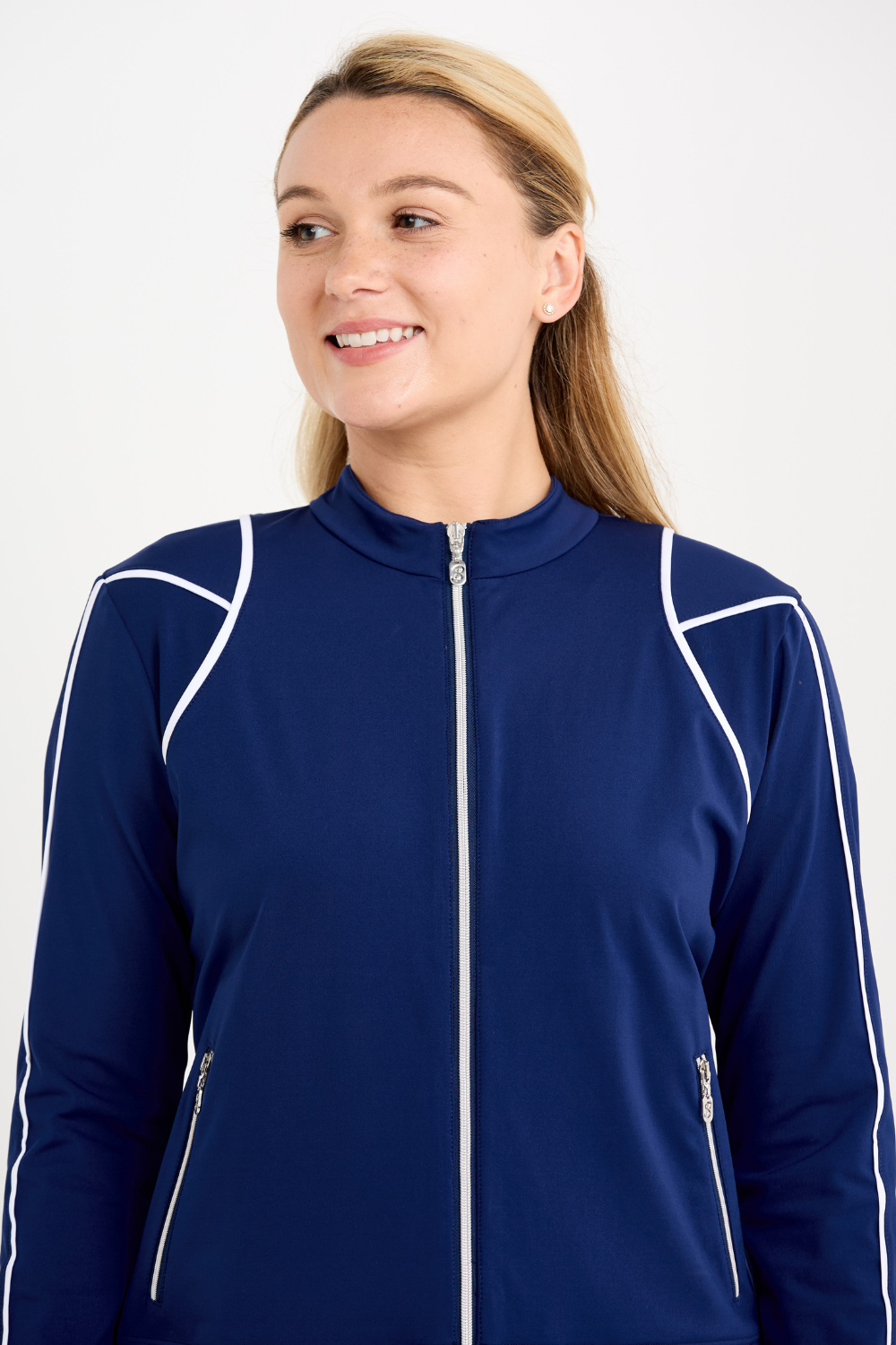 Women's Navy Tennis Jacket with White Piping Design by Sofibella, close up front view