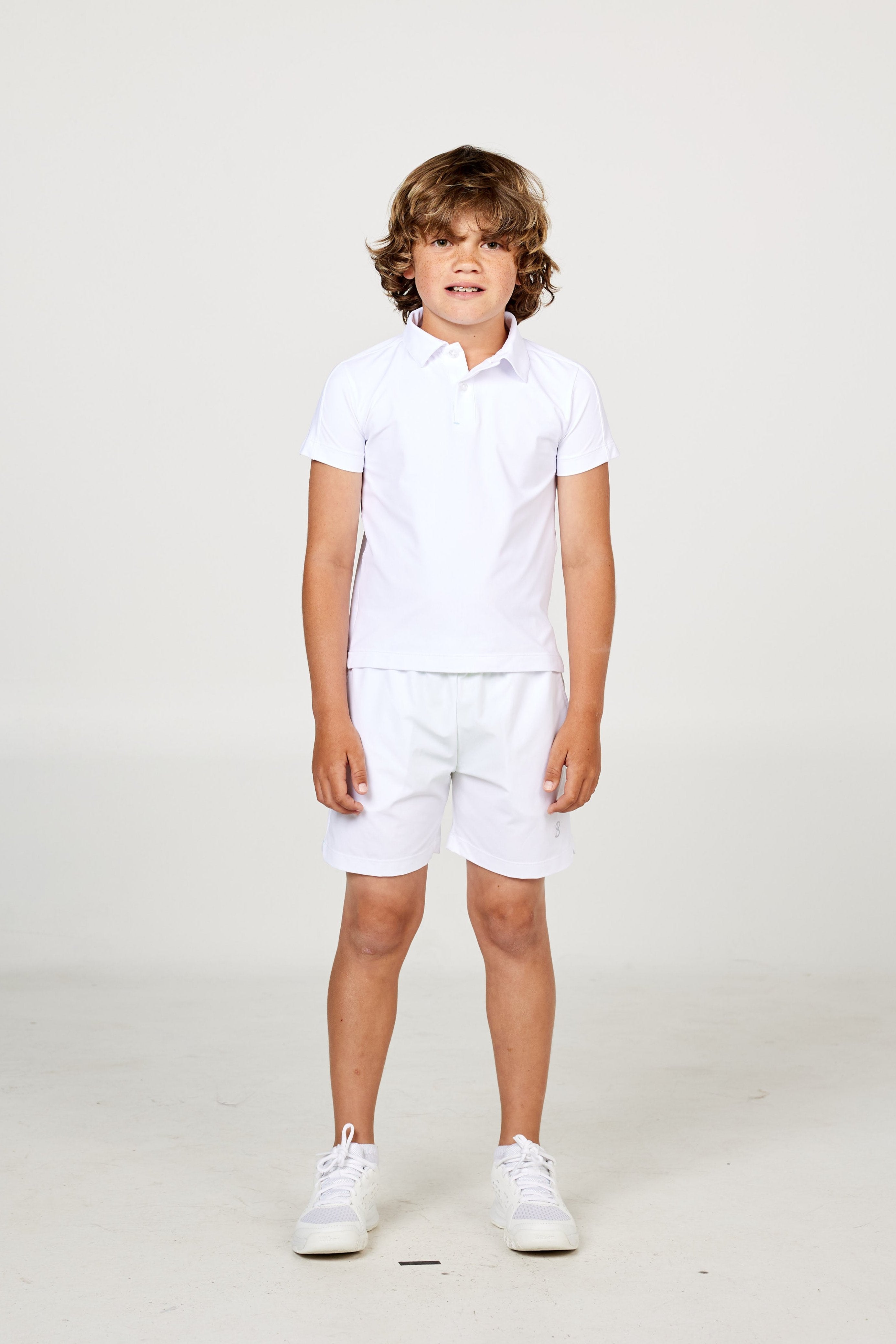 Perfect Volley White Boy's Short Sleeve Polo  Tennis Top by Sofibella, front view