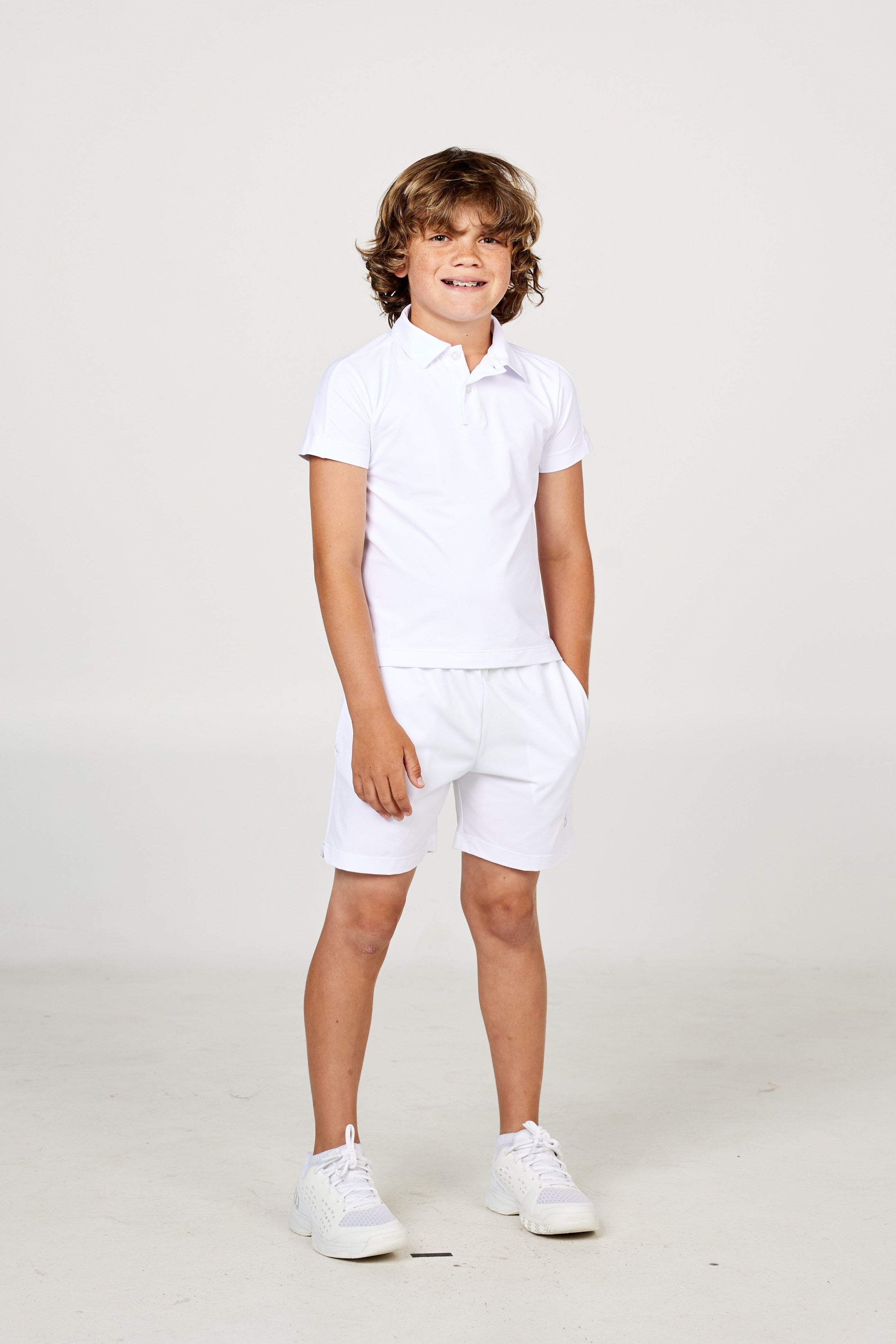 Perfect Volley White Boy's Short Sleeve Polo  Tennis Top by Sofibella, front view