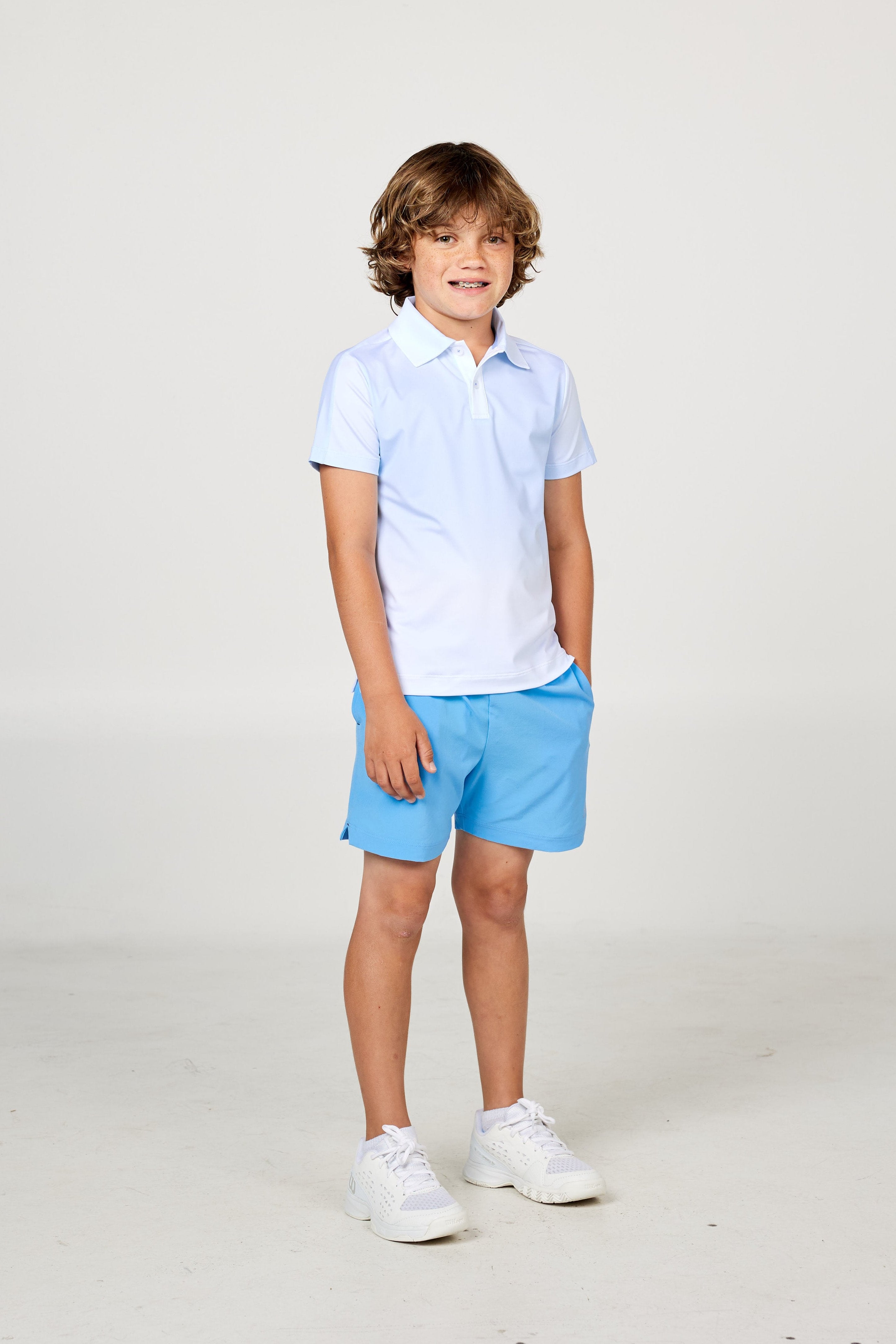 Perfect Volley Turquoise Boys' Tennis Shorts by Sofibella, front view