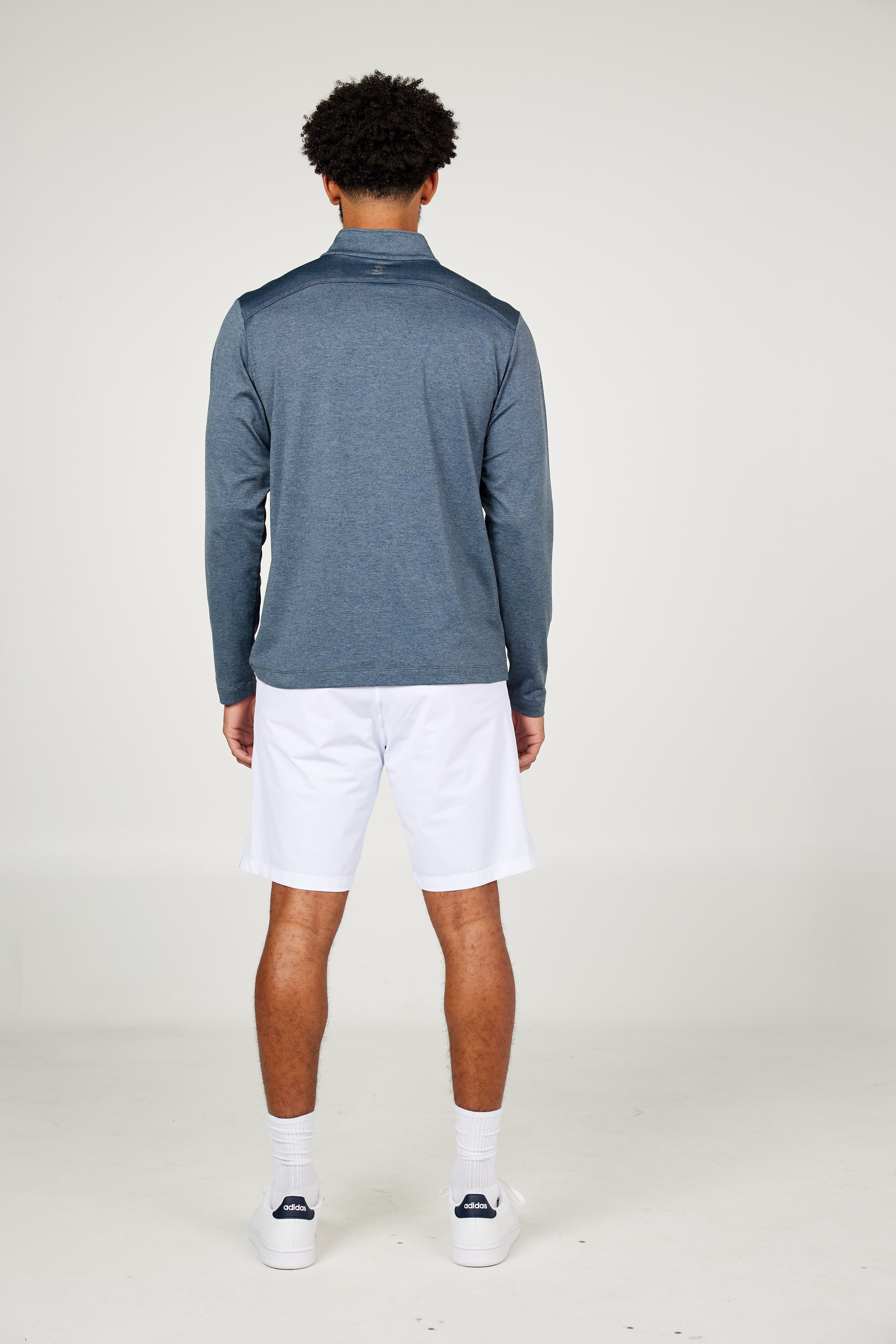 Men's Quarter Zip Charcoal Melange Tennis Long Sleeves Top by Sofibella, back view on model