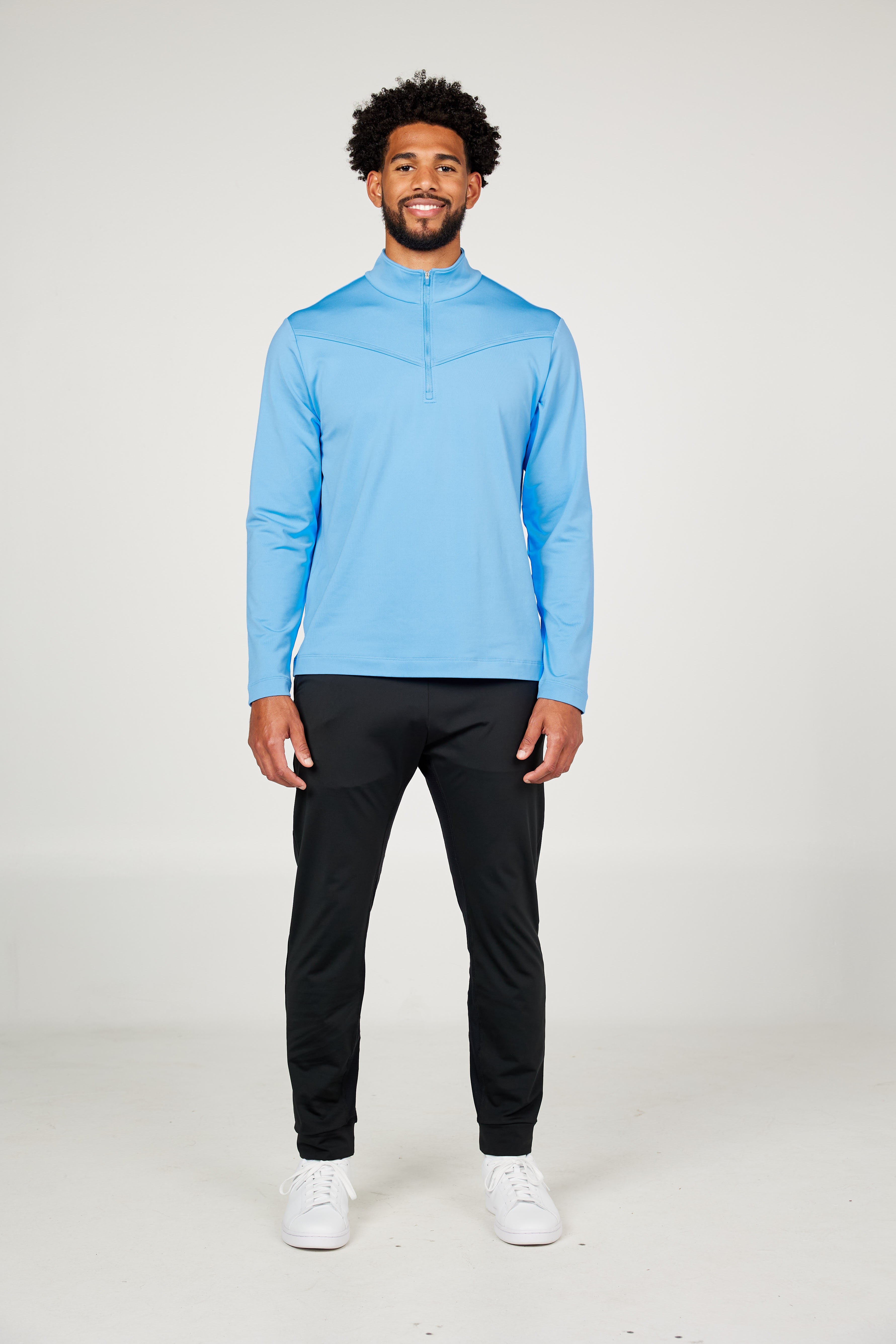 Men's Quarter Zip Neo Blue Tennis Long Sleeves Top by Sofibella, front view on model