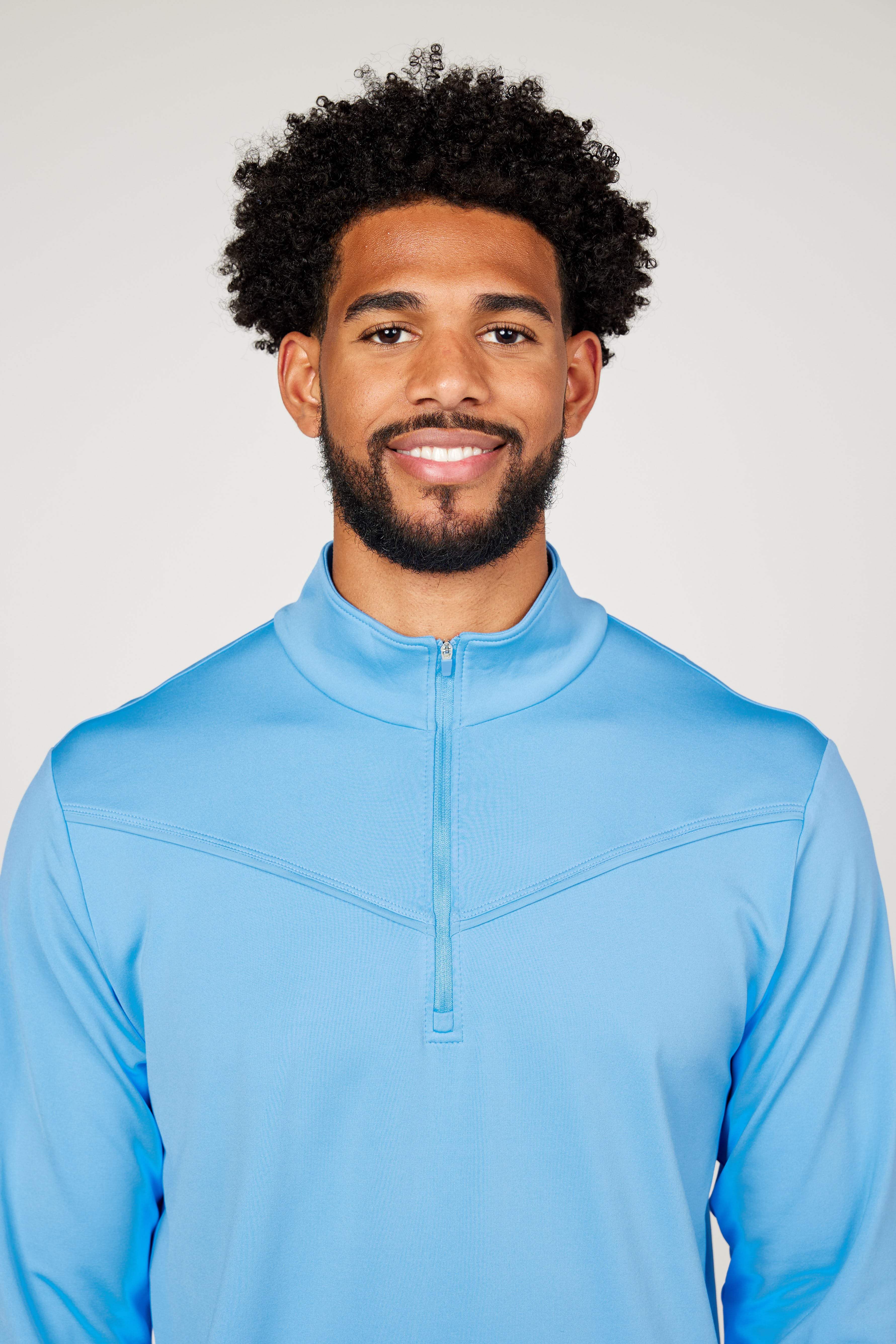 Men's Quarter Zip Neo Blue Tennis Long Sleeves Top by Sofibella, front detail view