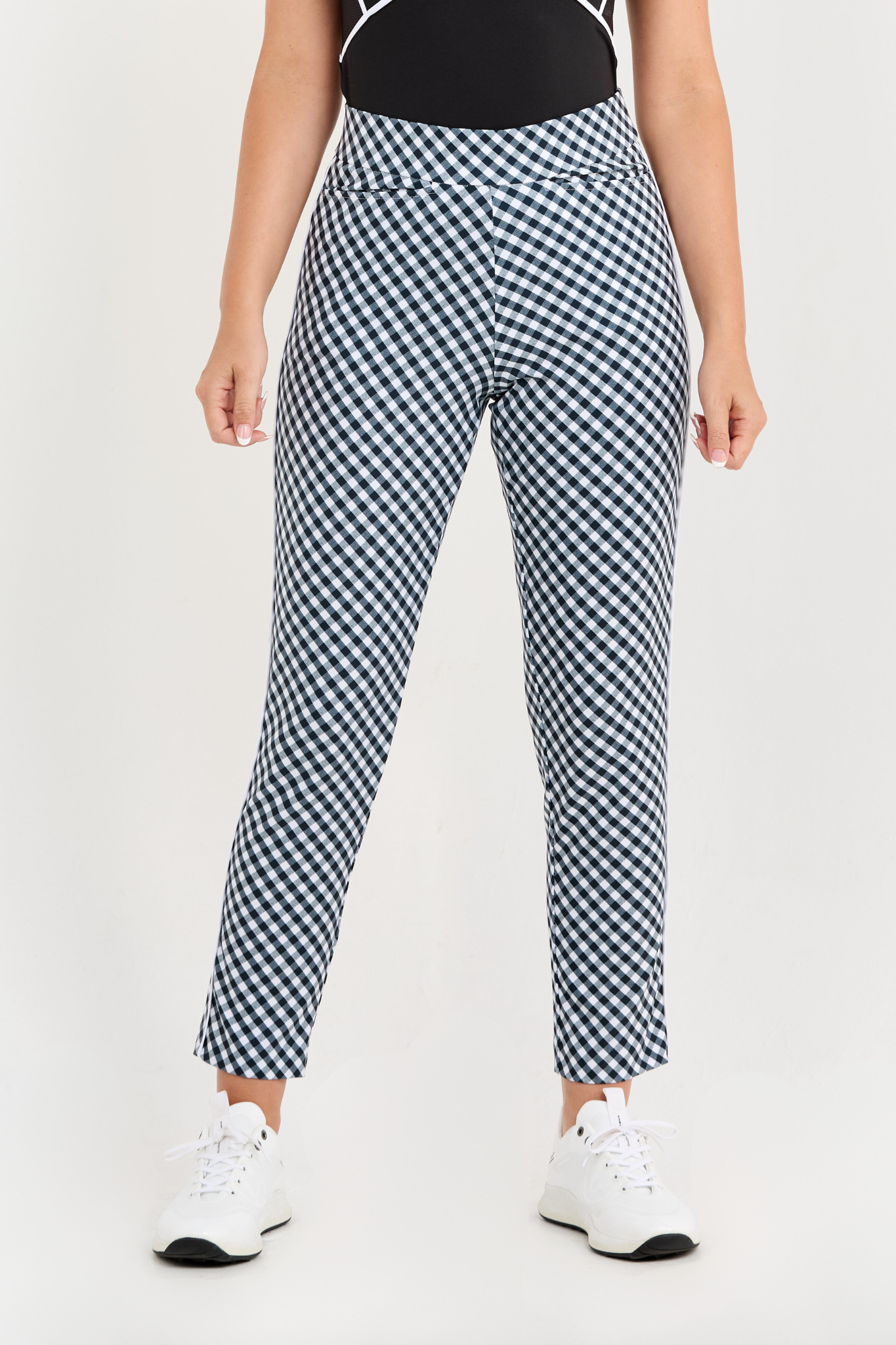 High waisted gingham women's golf ankle pant, front close up view