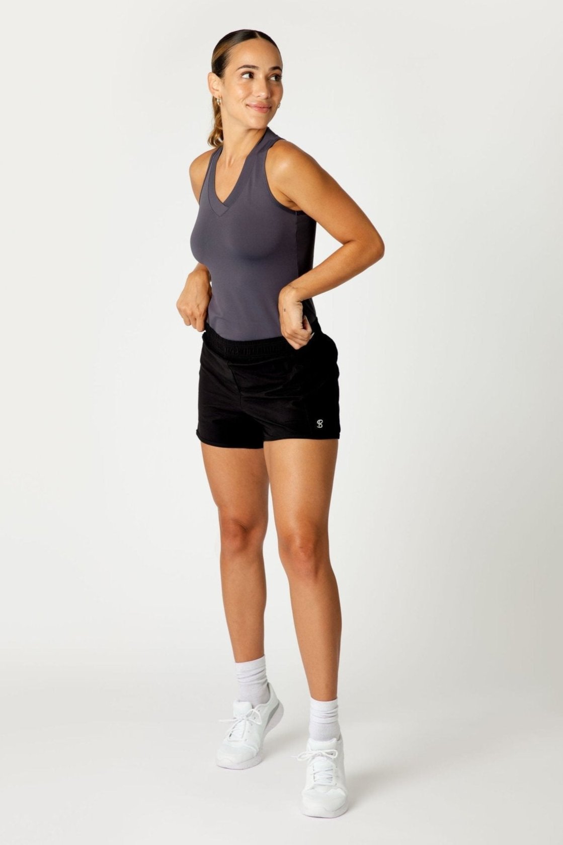 Athletic Black Tennis Shorts with Pockets by Sofibella, front view