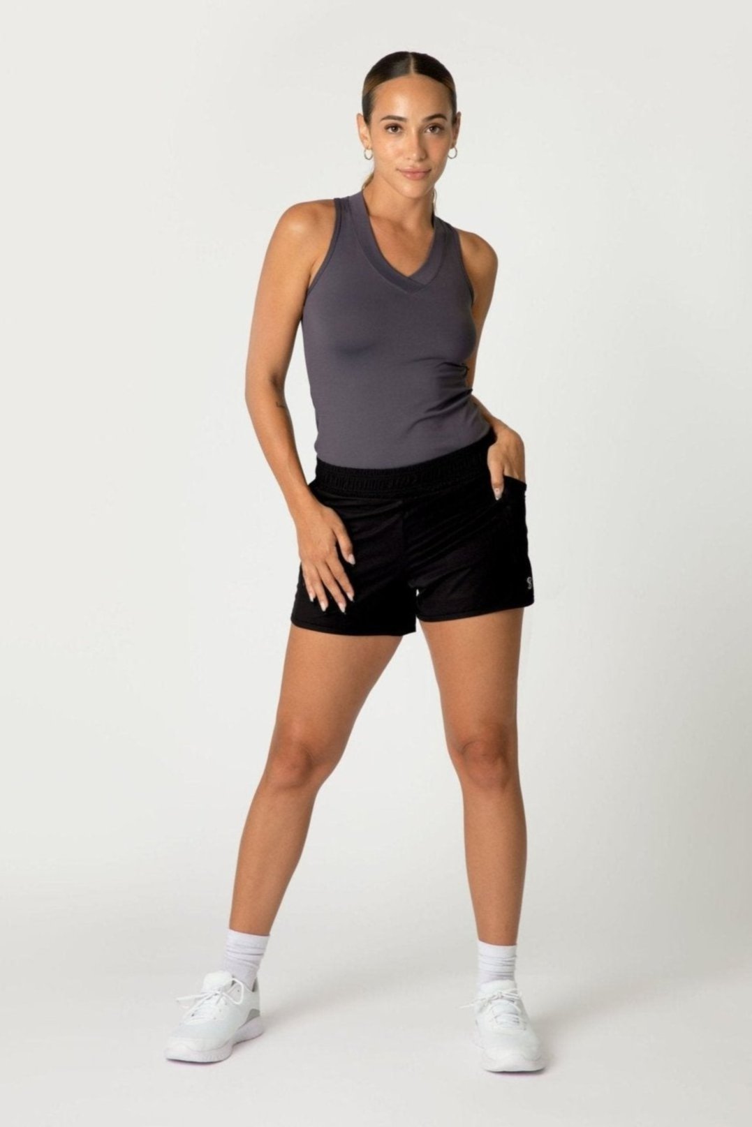 Athletic Black Tennis Shorts with Pockets by Sofibella, front view