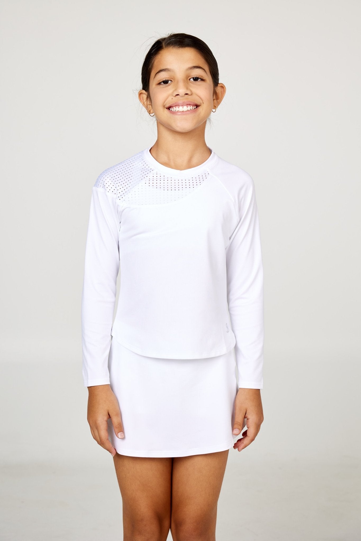 Girl's White Tennis Long Sleeve Top - On the Dot- by Sofibella, front