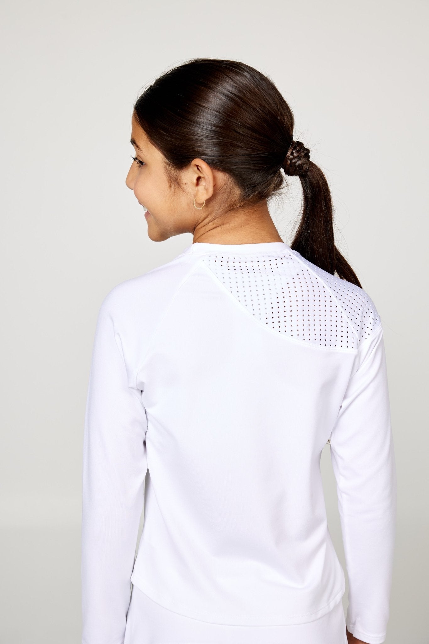 Girl's White Tennis Long Sleeve Top - On the Dot- by Sofibella, zoom of back