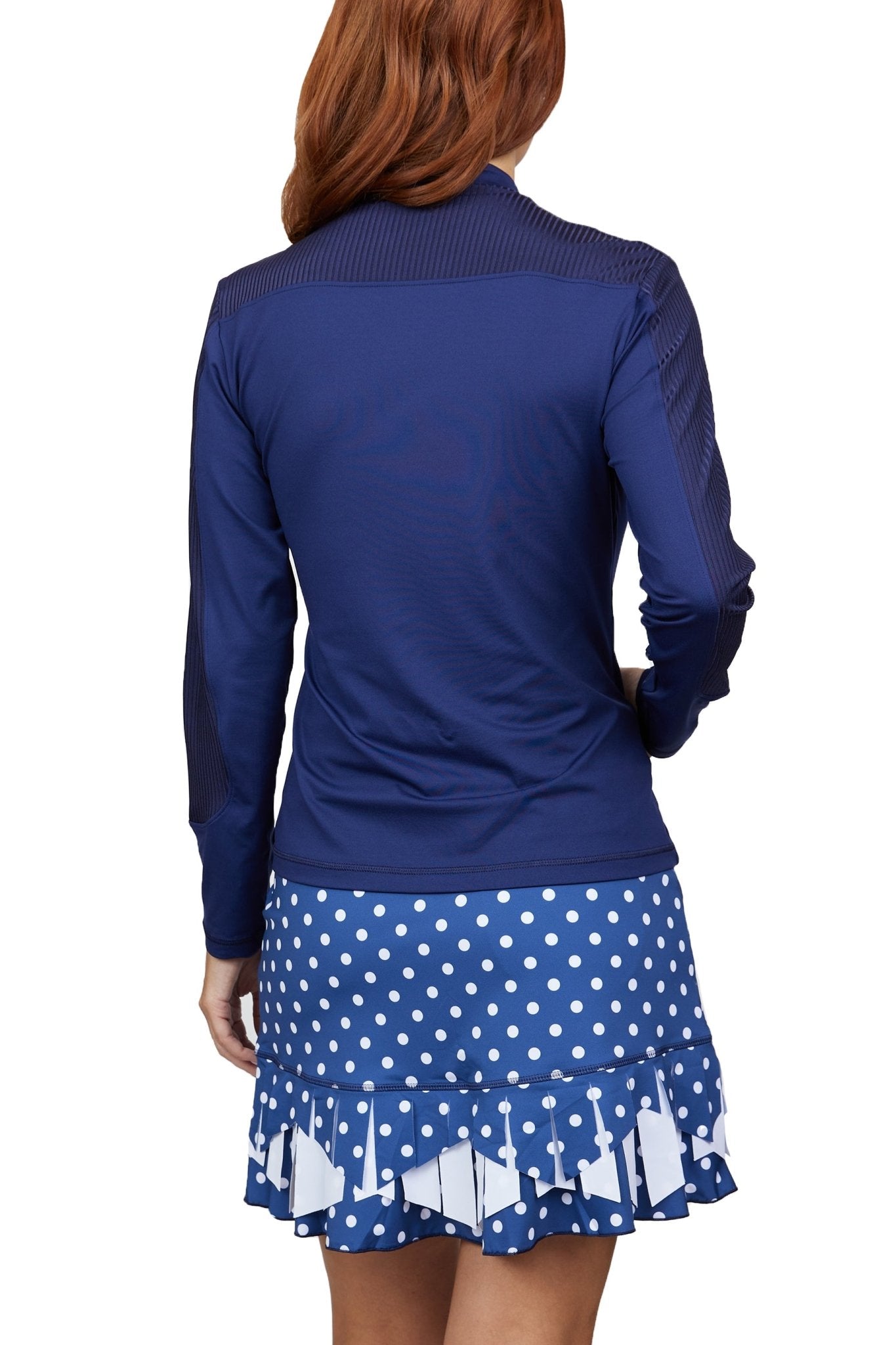 Women's UV Staples Navy Ribbed Tennis and Golf Jacket by Sofibella, back view