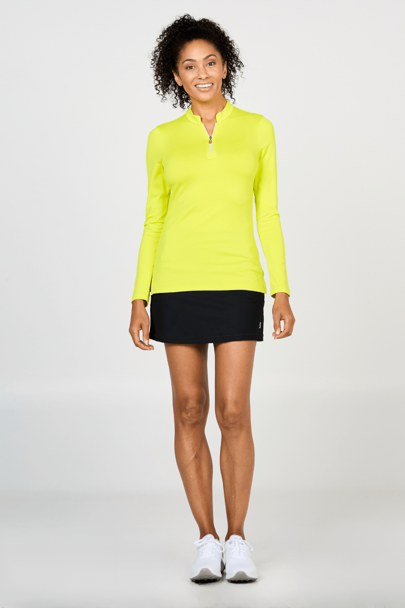 Women's Long Sleeve Golf Top with Zipper by Sofibella, citrus color, front view