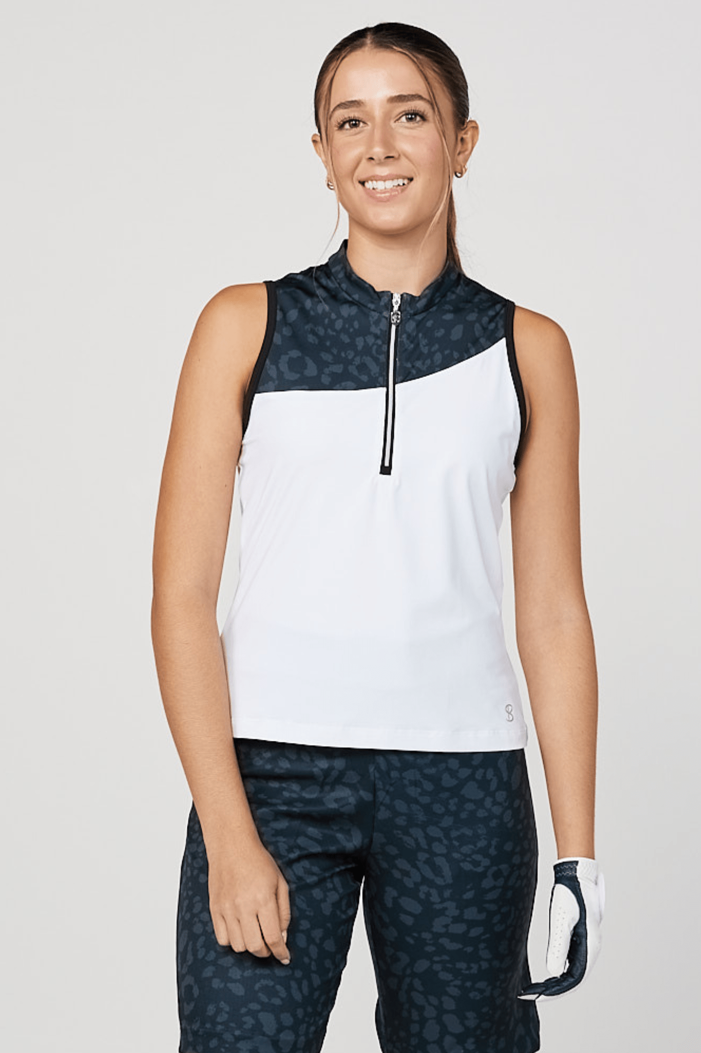 Isla Bonita Women's Golf Sleeveless Zipper Top by Sofibella, navy and white front view